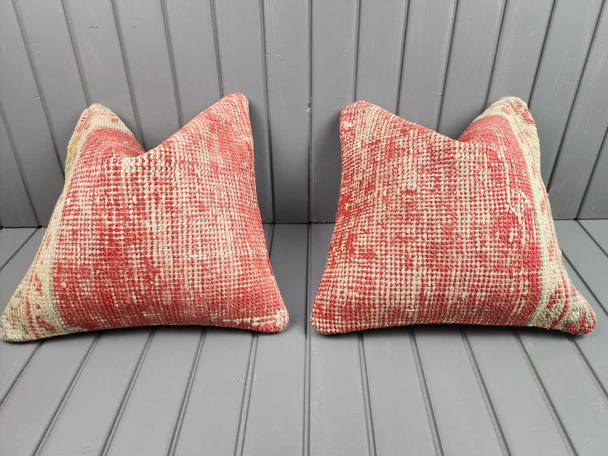Antique Oushak rug pillow covers, set of 2, in red and ivory