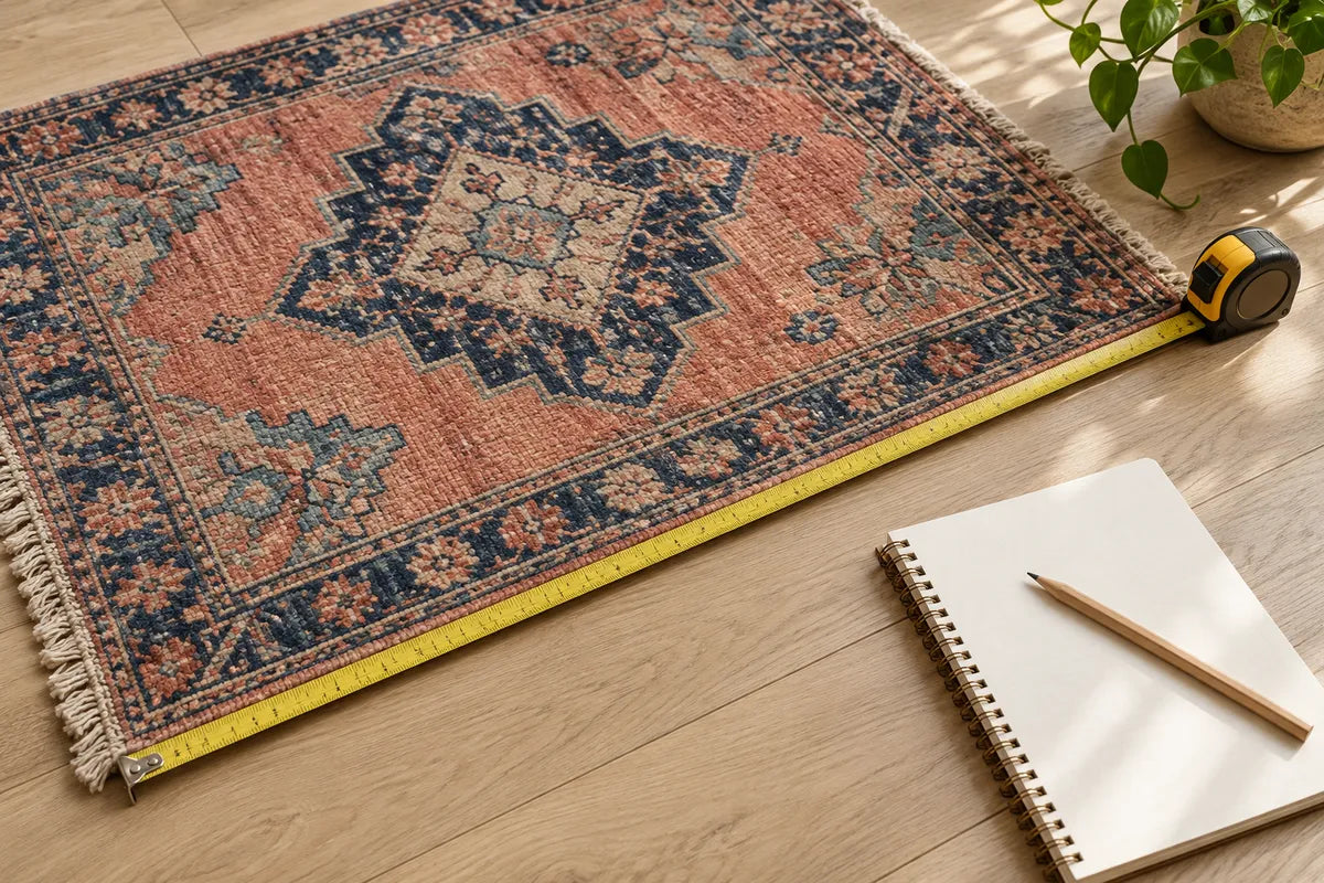 Measuring tape beside a patterned rug on a wooden floor