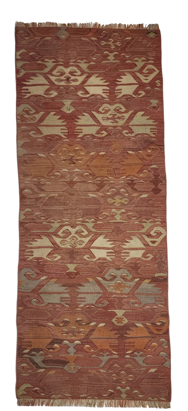 Vintage Afyon kilim runner in pink and orange, 2x5 ft, for a kitchen