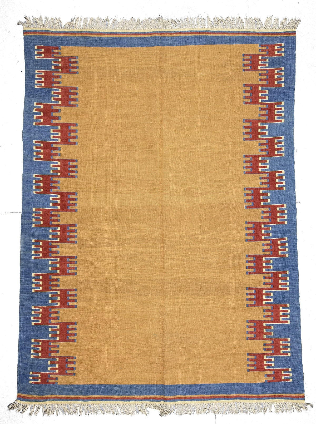 Mustard Rugs — Turkish Kilim Rug, 7 x 3 Mustard Blue Tan Boho Retro Natural Wool Kilim Rug