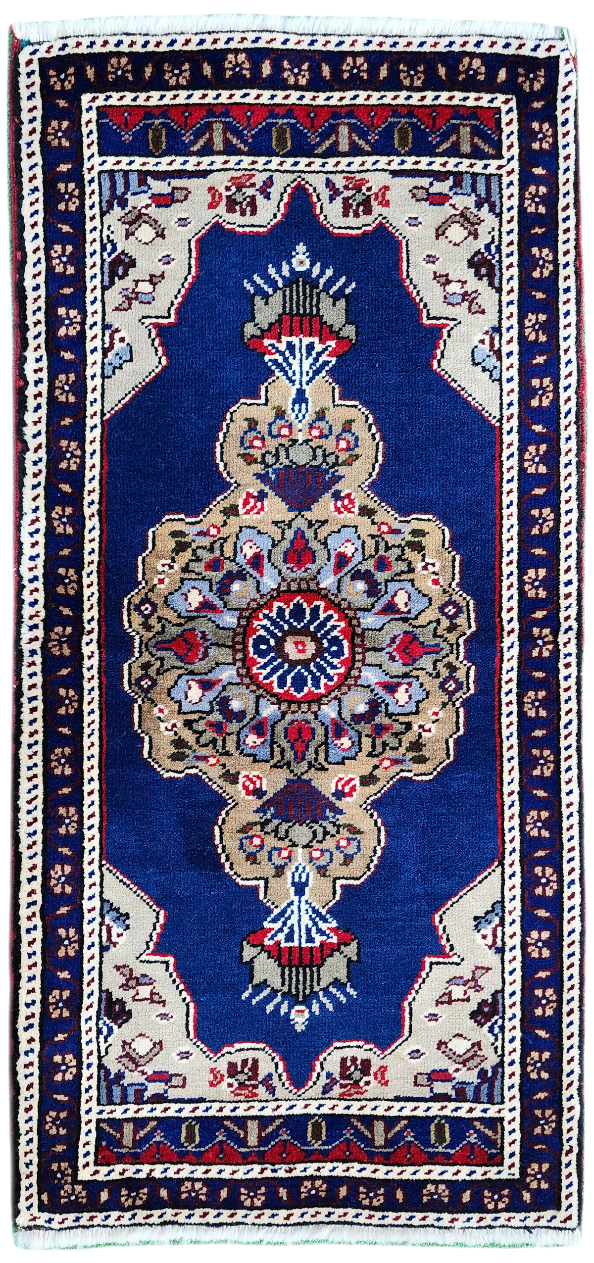 Hand-knotted Rugs — Vintage Turkish Small Rug, 3 ft 5 in x 1 ft 7 in, ft Red, Blue and Beige Faded Distressed Antique Style Mat
