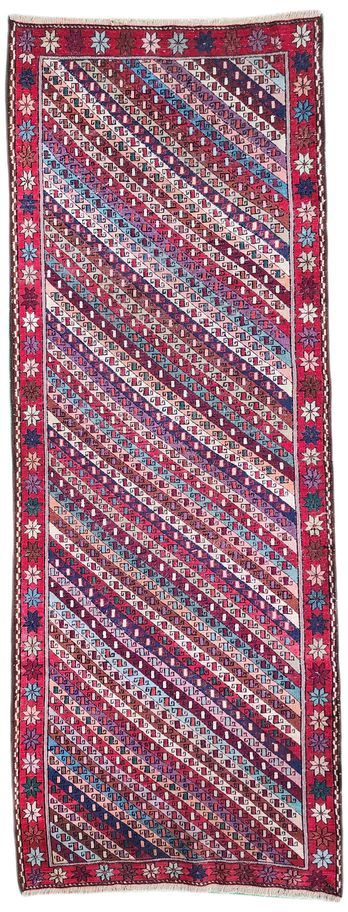 Geometric Rugs — Persian Soumak Kilim Runner 6 x 2 ft Brown Red and Blue Handmade Natural Wool Boho Rustic Turkish Floor Rug