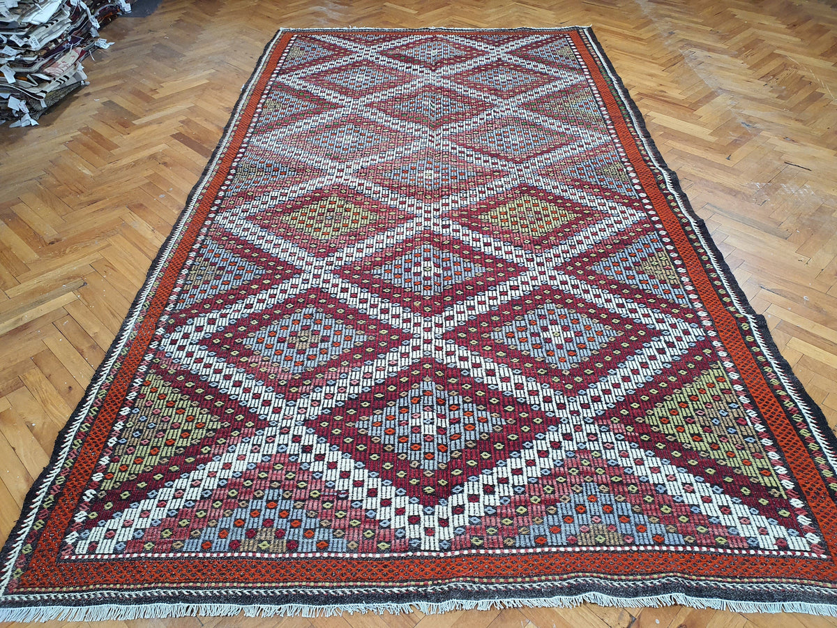 Hemp Rugs — Turkish Anatolian Kilim Rug 11 x 6 ft Large Minimalist 100% Natural Wool Floor Covering, Moroccan Berber Style Handmade Wool Boho Rustic Rug