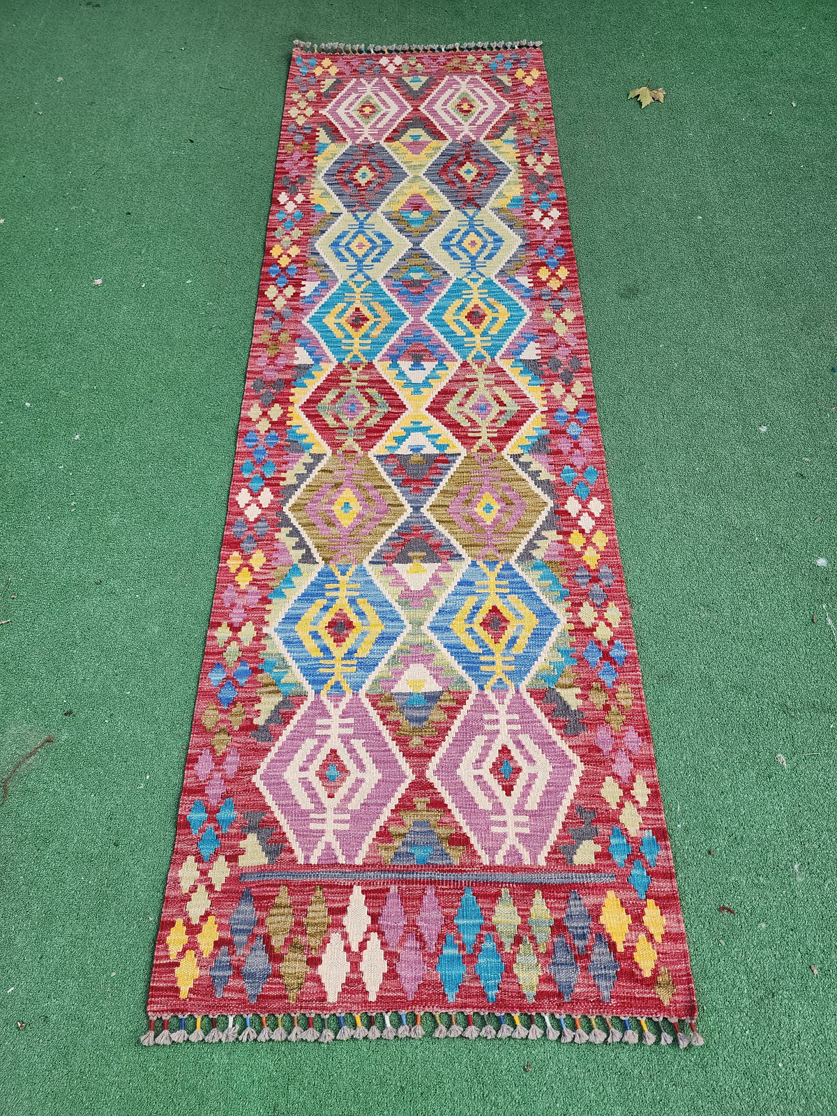 Cream Rugs — Afghan Kilim Vintage Rug, 8 ft x 2 ft Rust Red Blue and Off White Turkish Hallway Runner