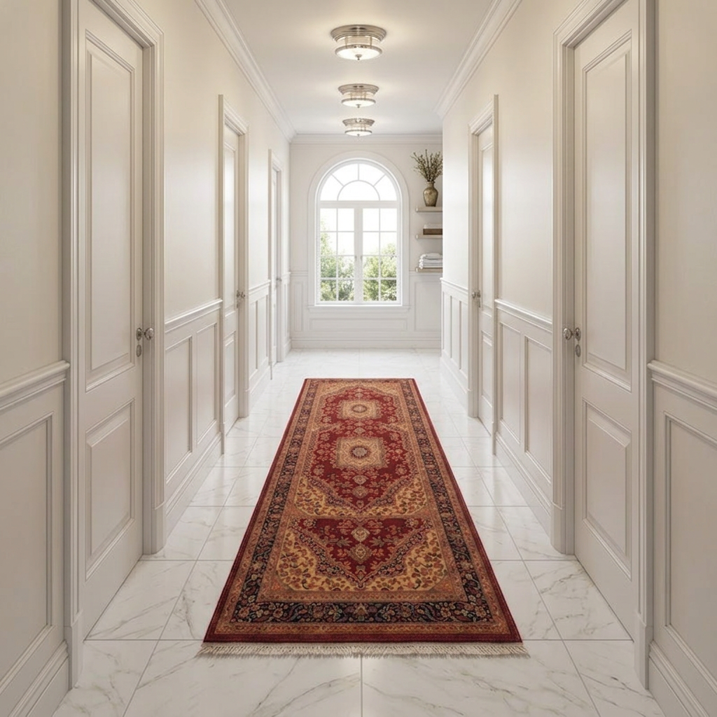Hallway Rugs & Runners — Afghan Kilim Vintage Rug, 8 ft x 2 ft Rust Red Blue and Off White Turkish Hallway Runner