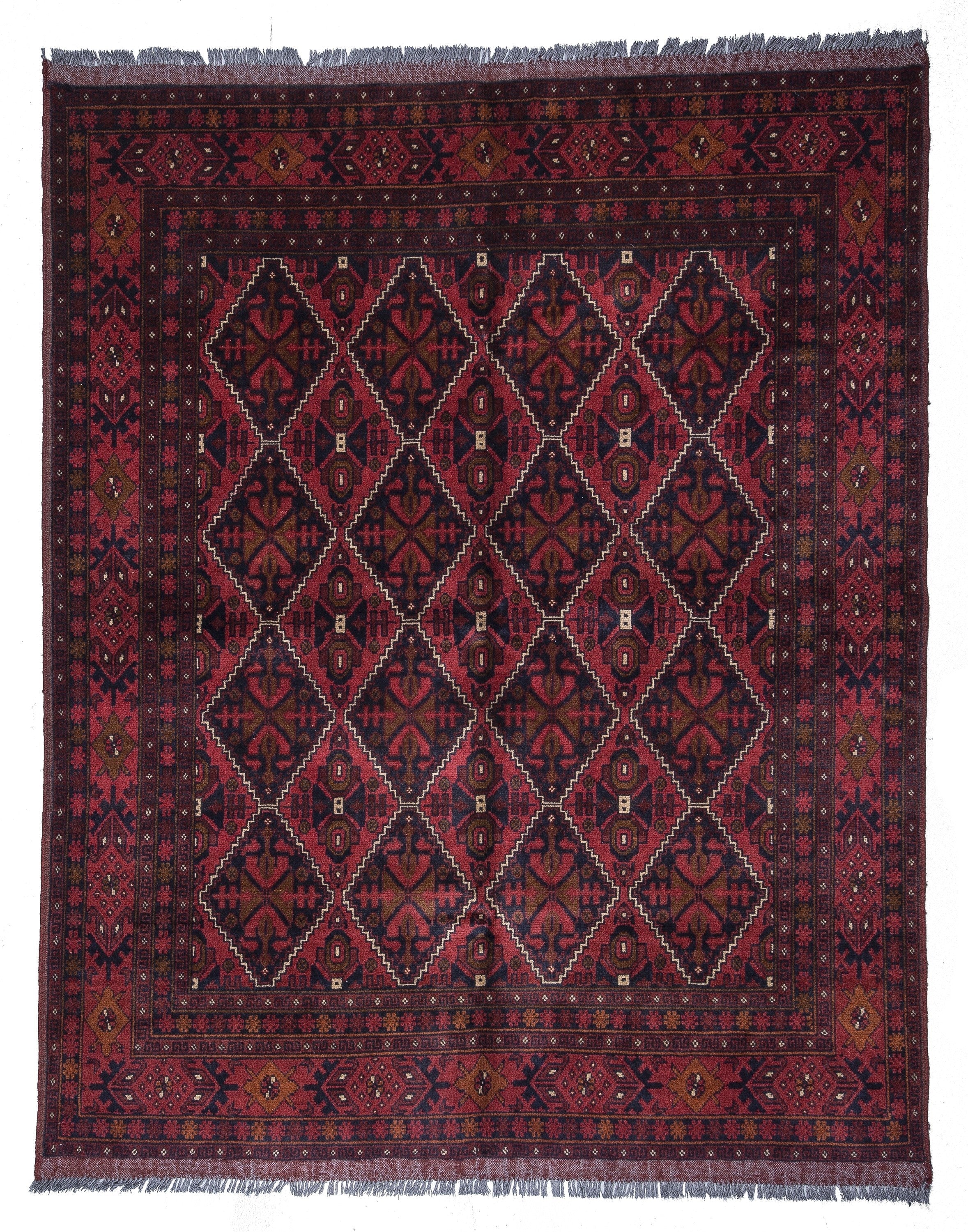 Red and Blue Afghan Khal Mohammadi Rug, Vintage Turkish Handmade Natural Wool Carpet 6'4''x''5''