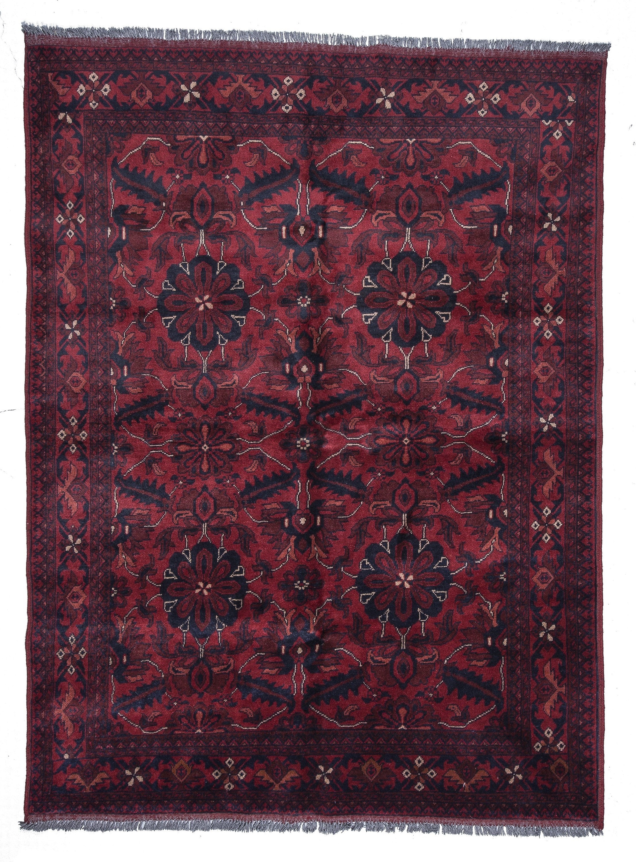 Red and Blue Afghan Khal Mohammadi Rug 6'8''x''5'' Vintage Turkish Handmade Natural Wool Carpet