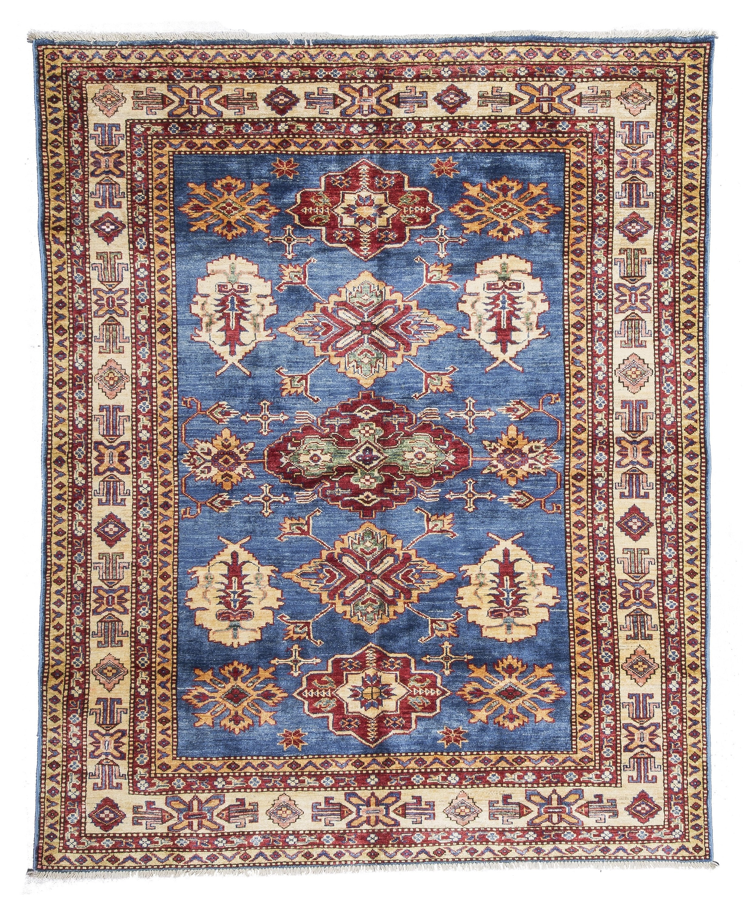 Caucasian Kazak Rug 6'3''x5'1'' Blue Beige Vintage Tribal Azerbaijan Geometric Medallion Rug