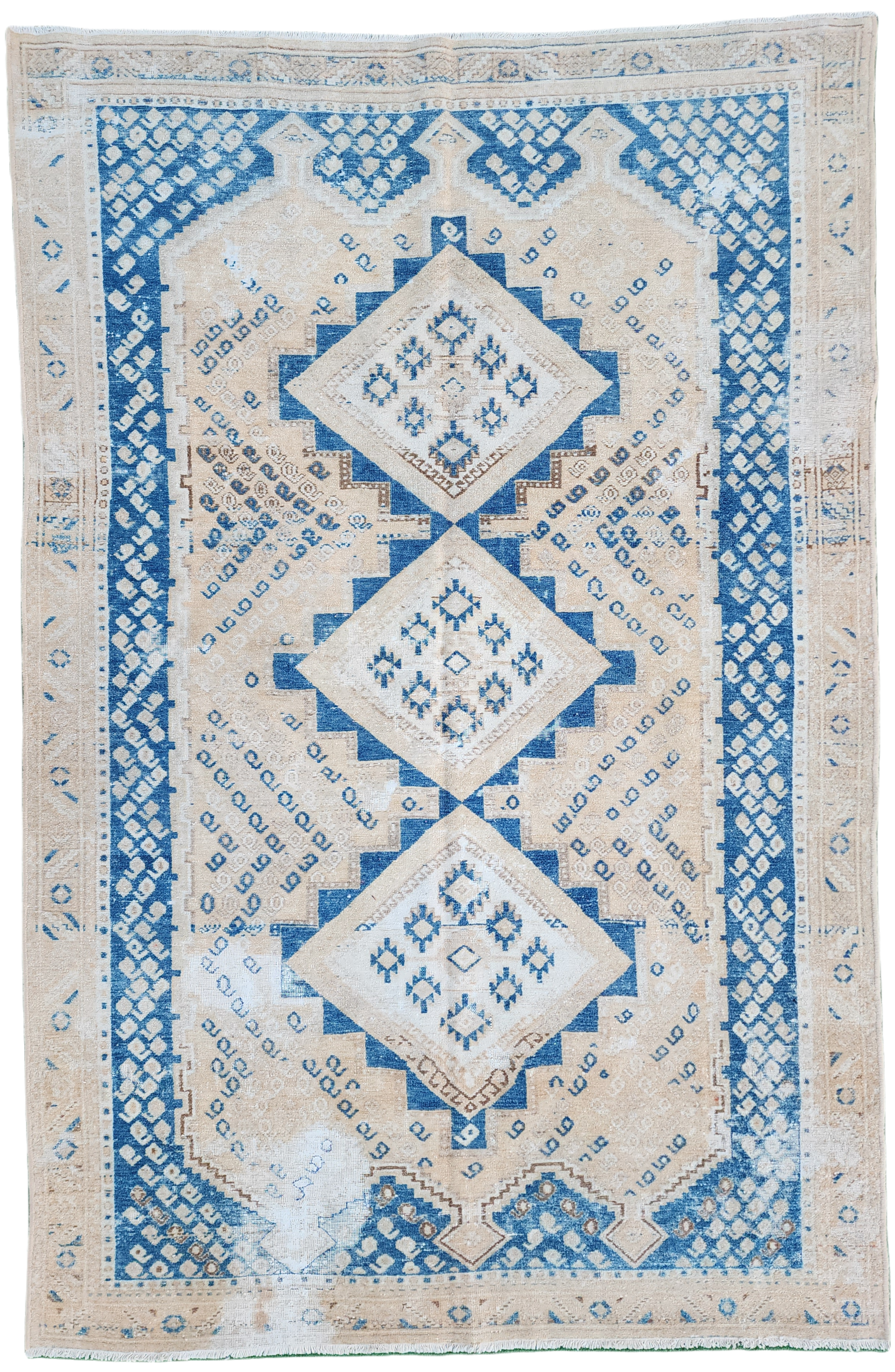 Alfombra persa vintage, alfombra beige y azul, 1,90 m x 1,30 m
