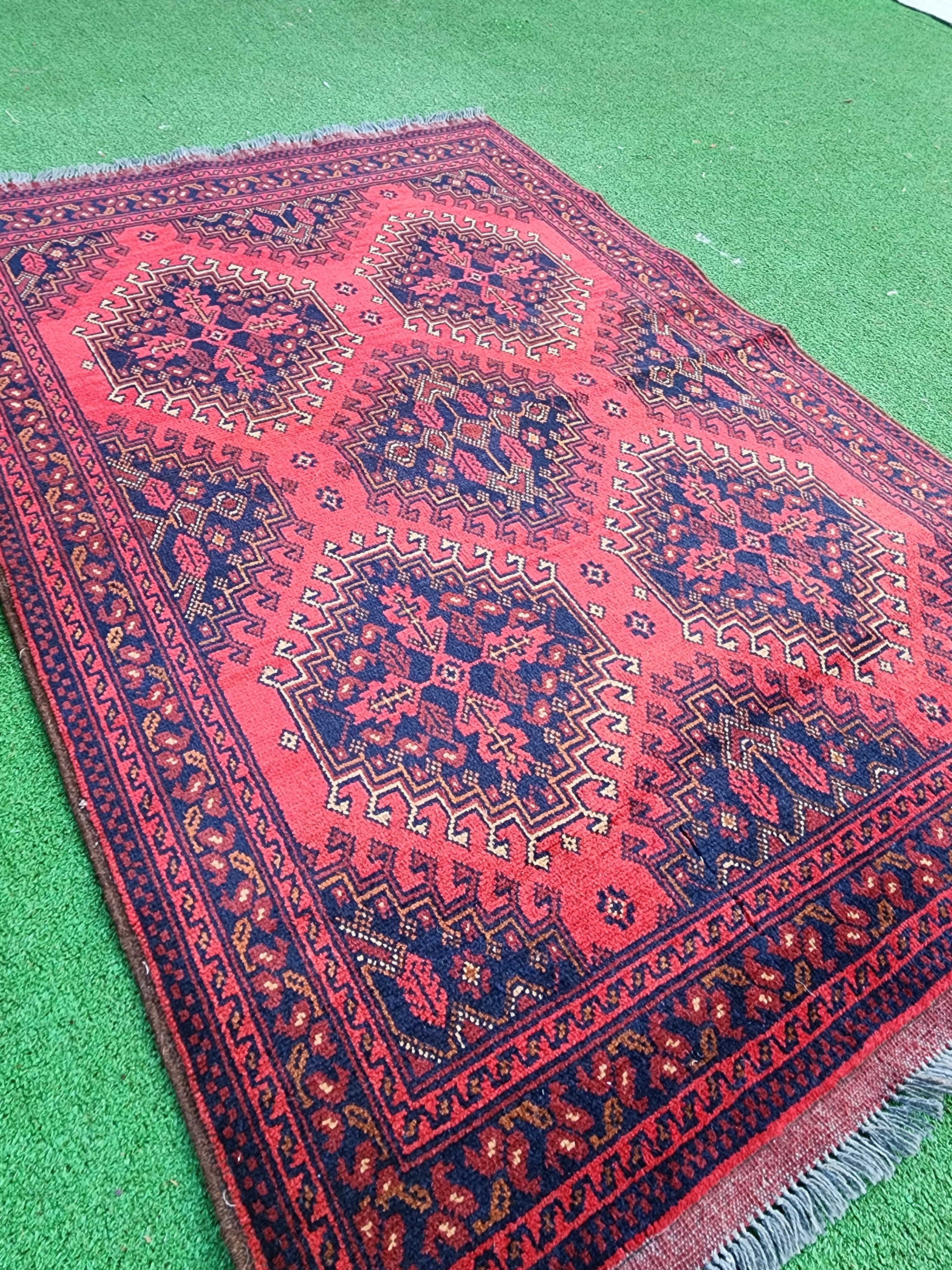 Alfombra afgana roja de lana tejida a mano, 1,90 m x 1,45 m