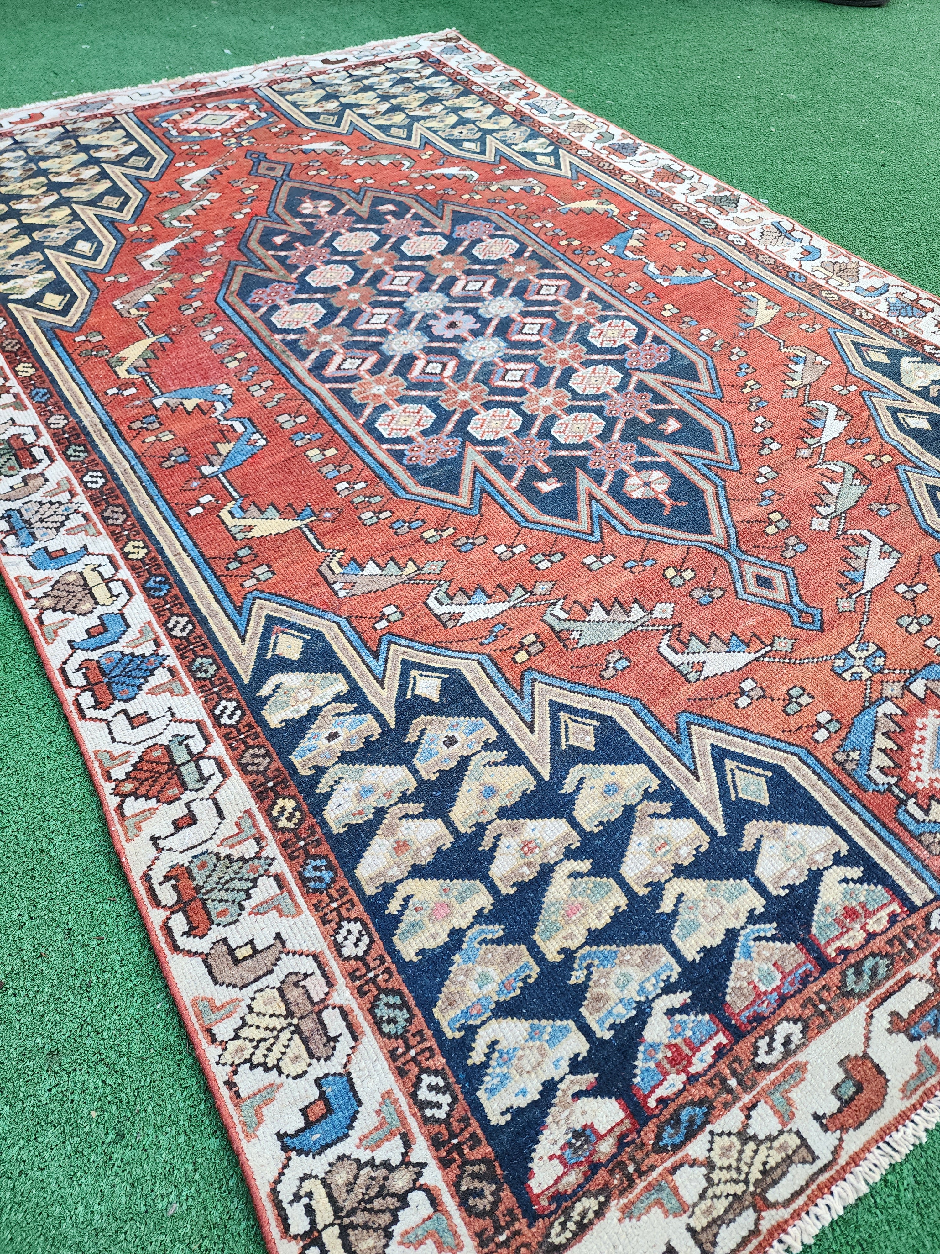 Tapis persan vintage en laine naturelle orange bleu et beige 6'2'' x ''4''