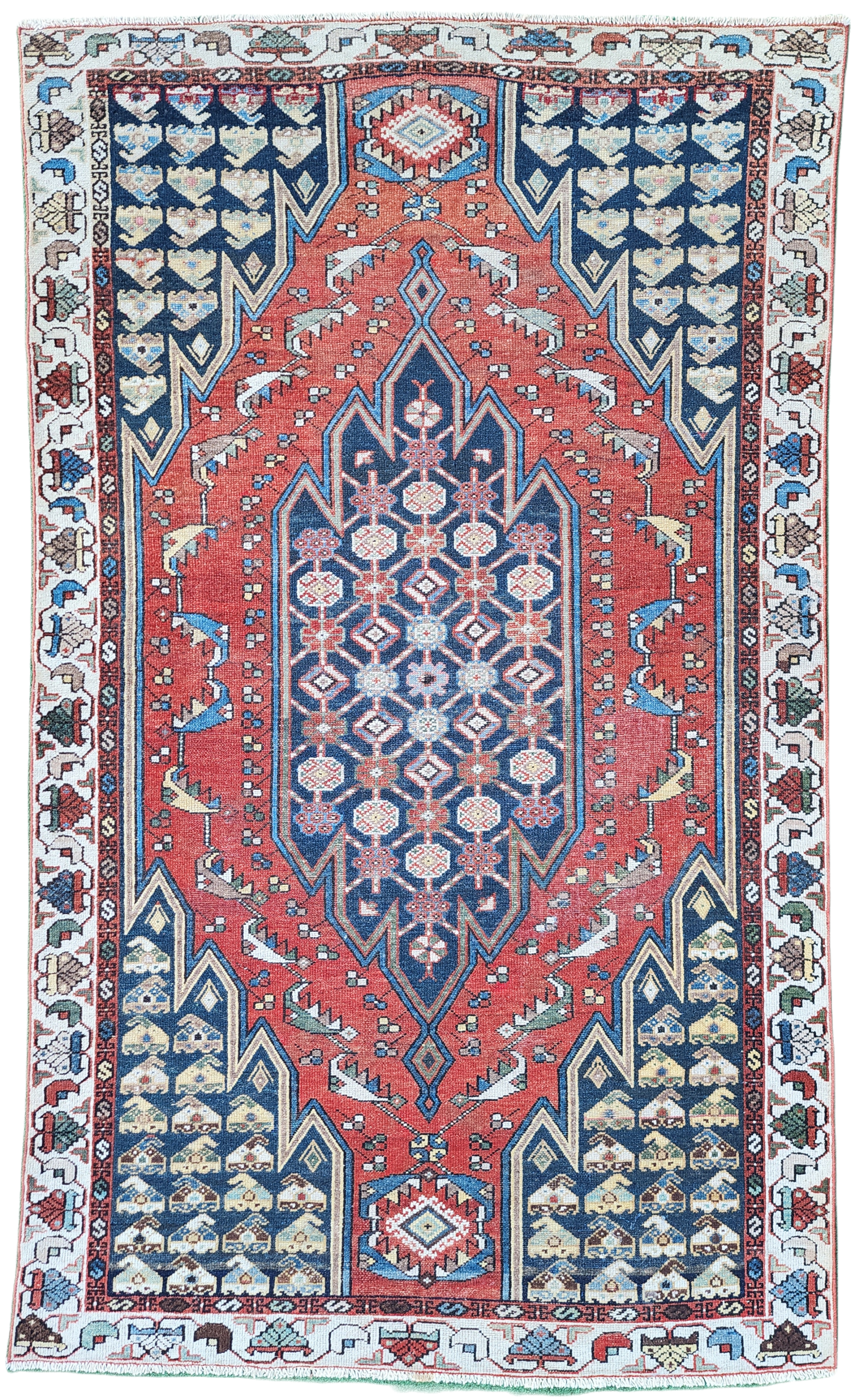 Tapis persan vintage en laine naturelle orange bleu et beige 6'2'' x ''4''