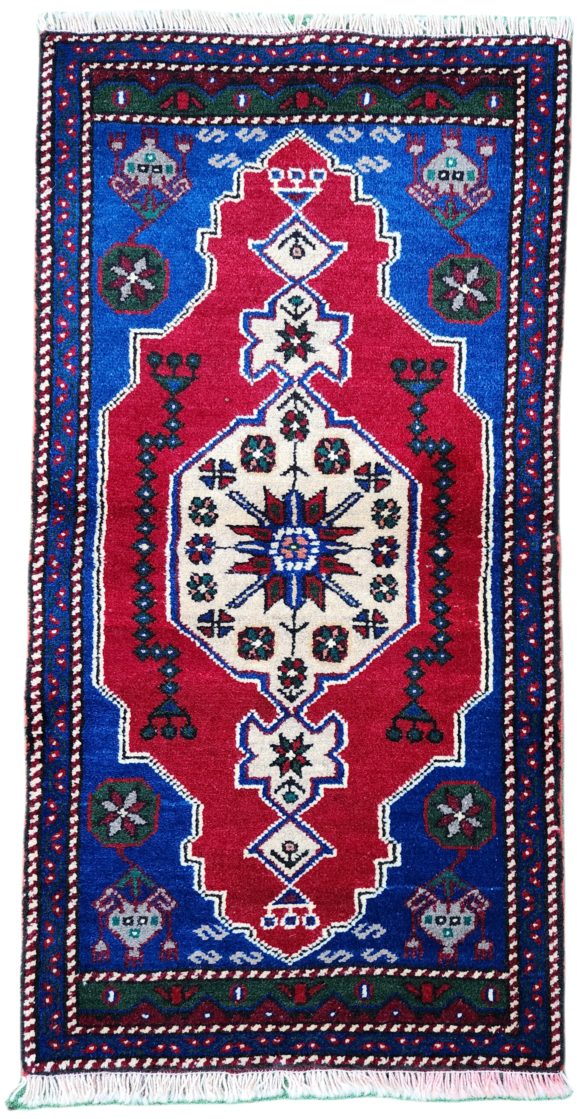 Alfombra turca pequeña, 3 pies 3 pulgadas x 1 pie 7 pulgadas, alfombra antigua roja y azul para pasillo o mesita de noche