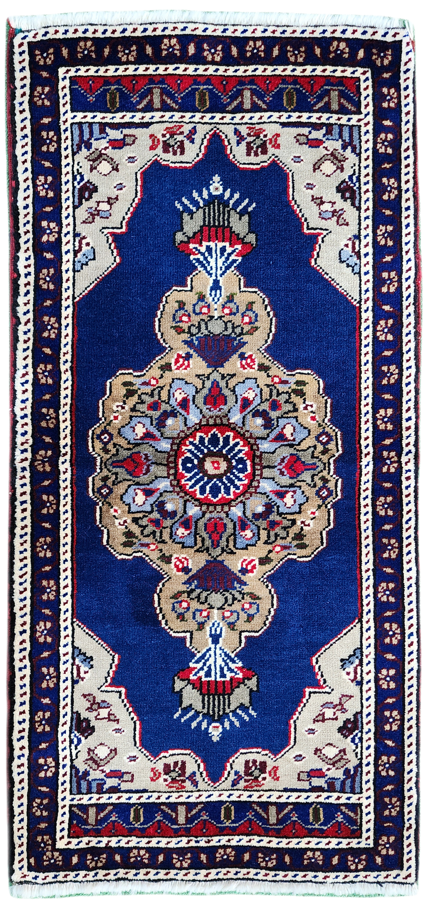 Alfombra turca pequeña vintage, 3 pies 5 pulgadas x 1 pie 7 pulgadas, alfombra de estilo antiguo desgastada y descolorida en rojo, azul y beige