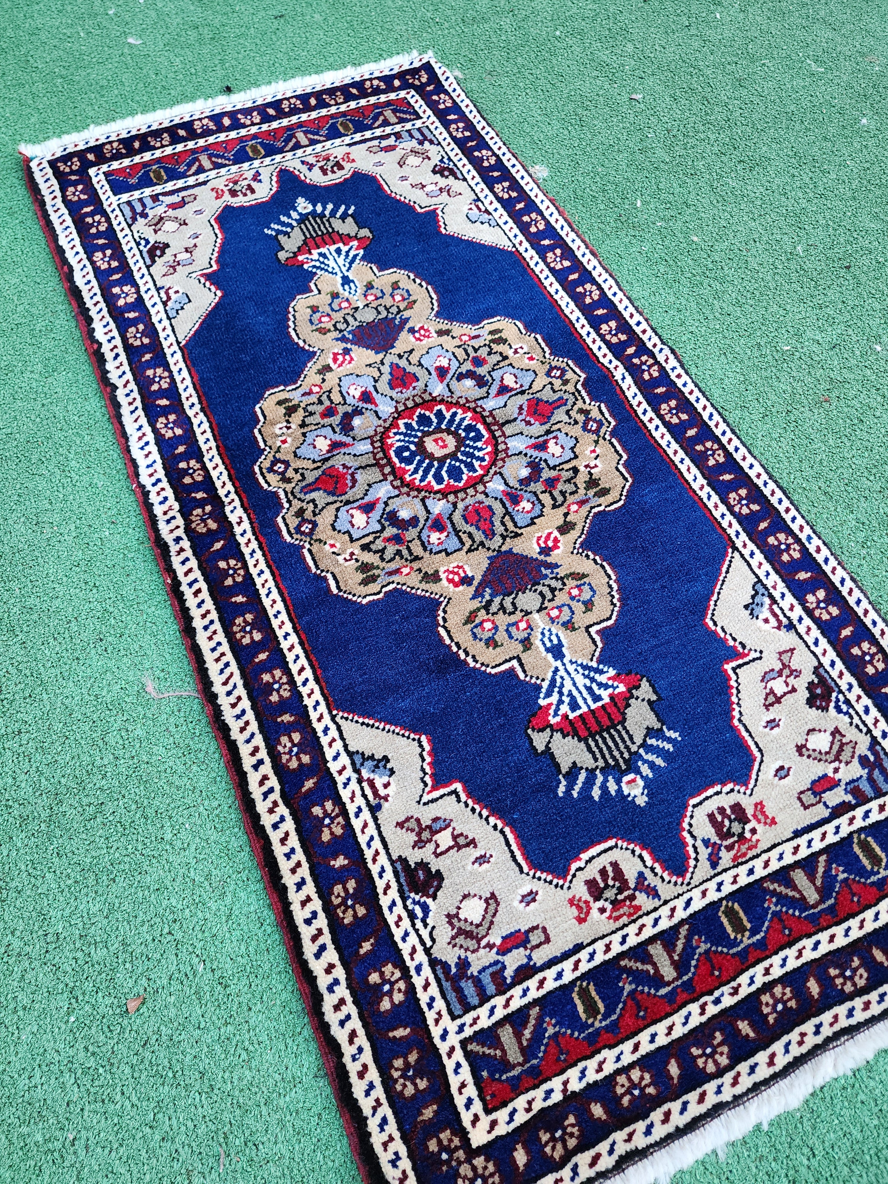 Vintage Turkish Small Rug, 3 ft 5 in x 1 ft 7 in, ft Red, Blue and Beige Faded Distressed Antique Style Mat