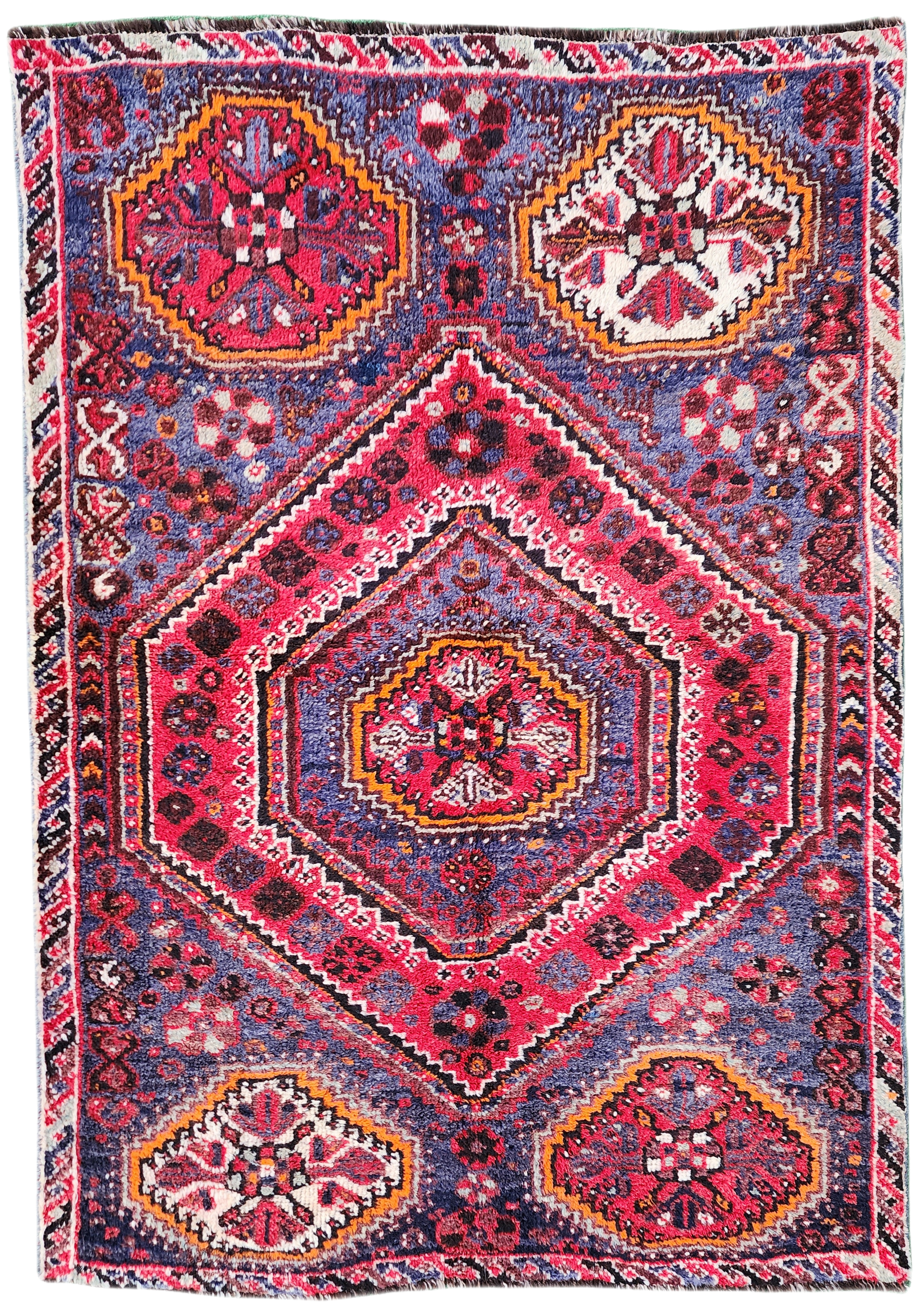 Tapis persan antique 5 x 3 pieds Bleu Rouge Orange Tapis turc vintage en laine naturelle