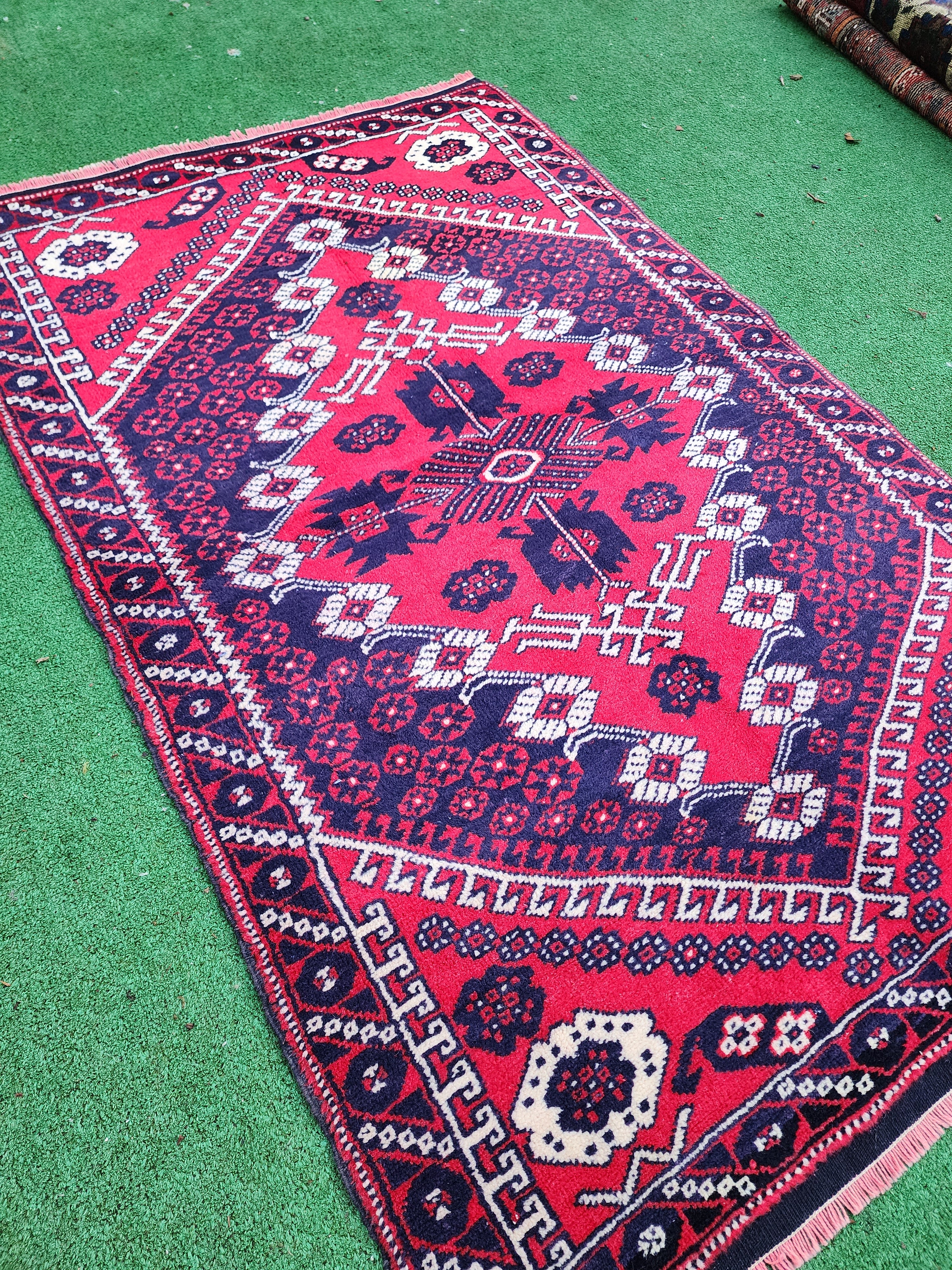 Antique Turkish Bergama Prayer Rug, 4 ft 8 in x 3 ft, Red, Blue and Beige Prayer Style Rug