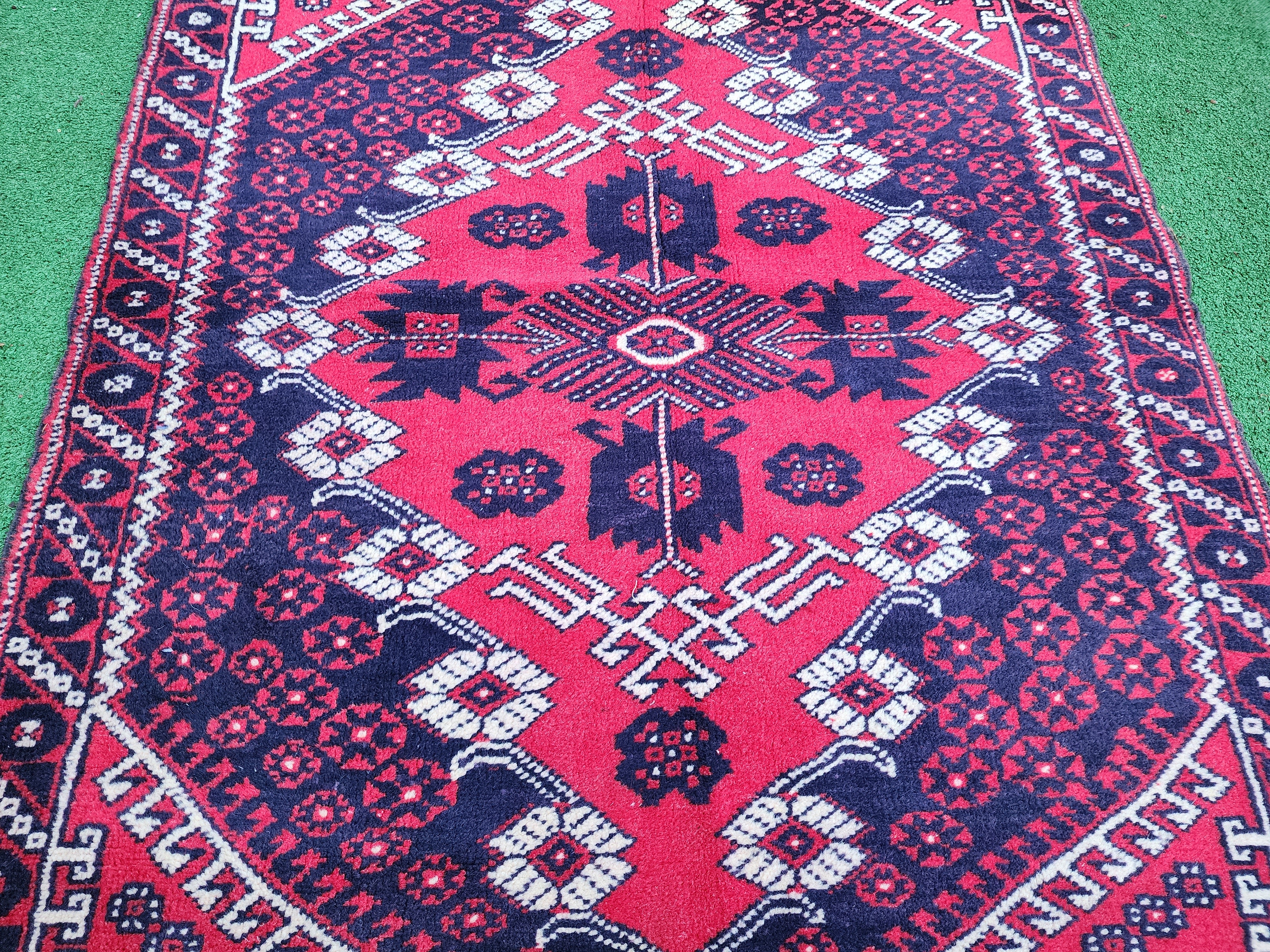Antique Turkish Bergama Prayer Rug, 4 ft 8 in x 3 ft, Red, Blue and Beige Prayer Style Rug