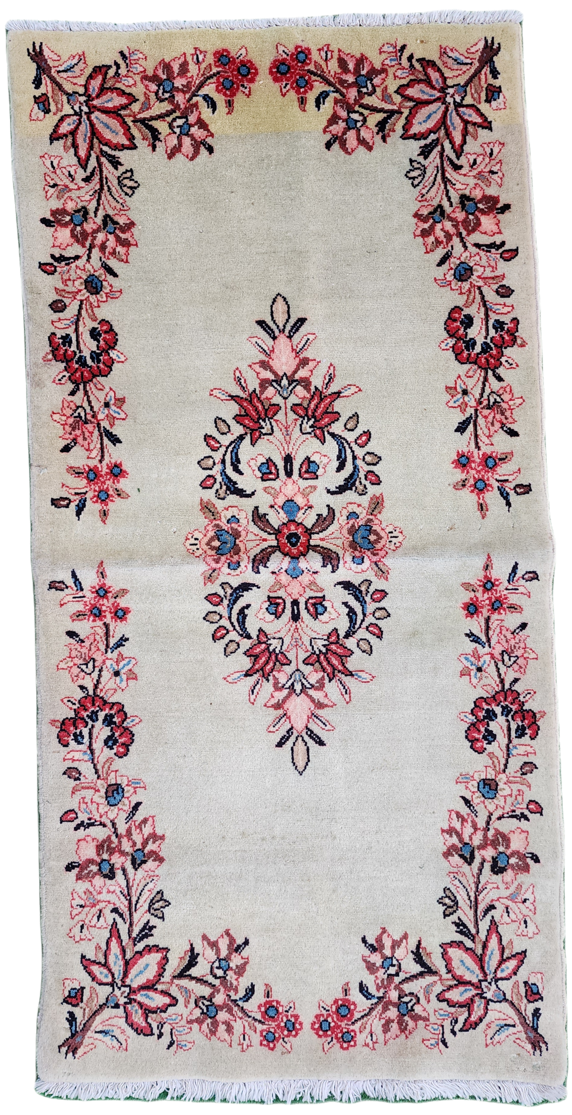 Petit tapis persan 4 x 2 pieds, paillasson turc fait main à motifs floraux beige, rouge et marron