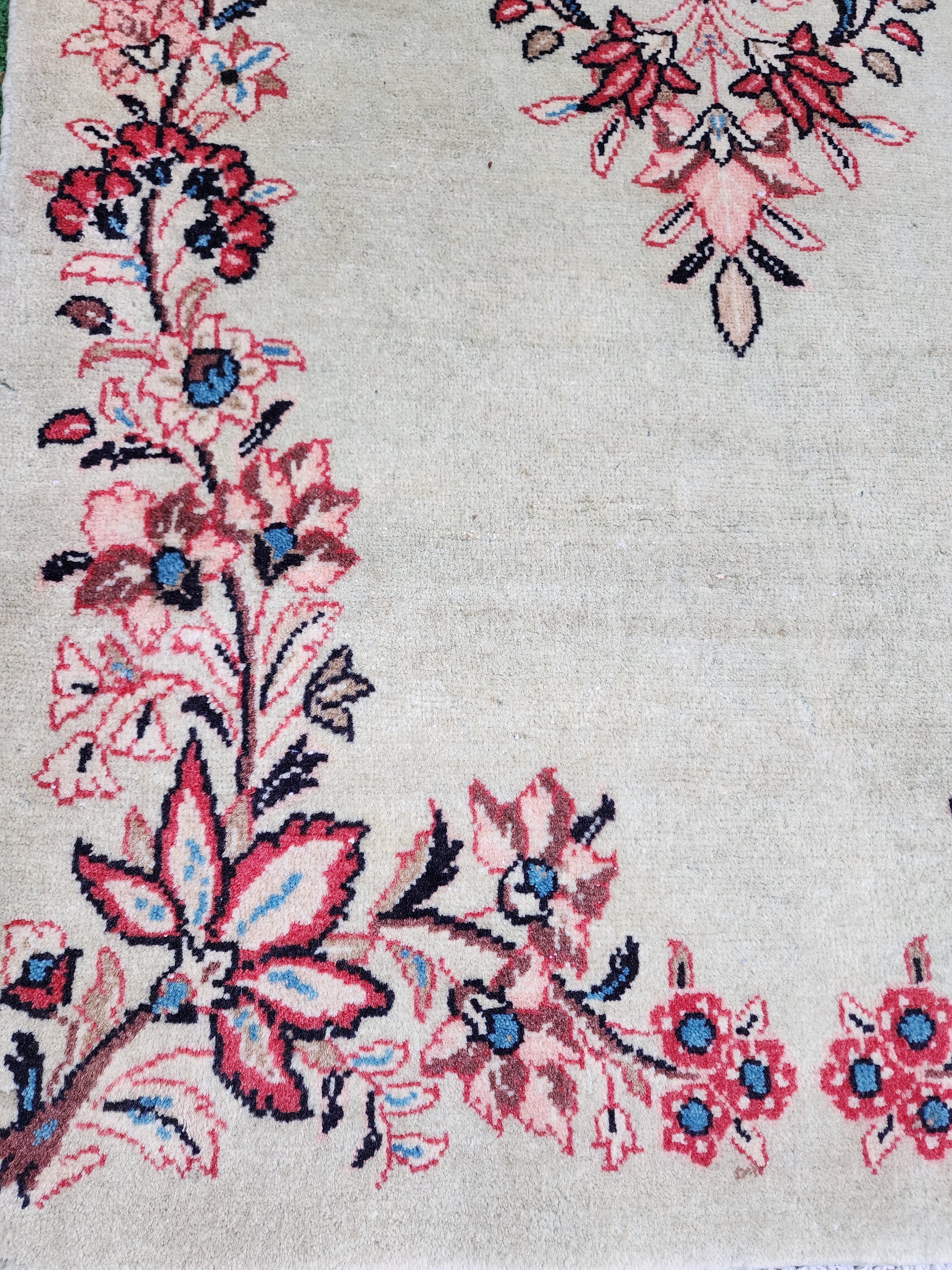 Petit tapis persan 4 x 2 pieds, paillasson turc fait main à motifs floraux beige, rouge et marron