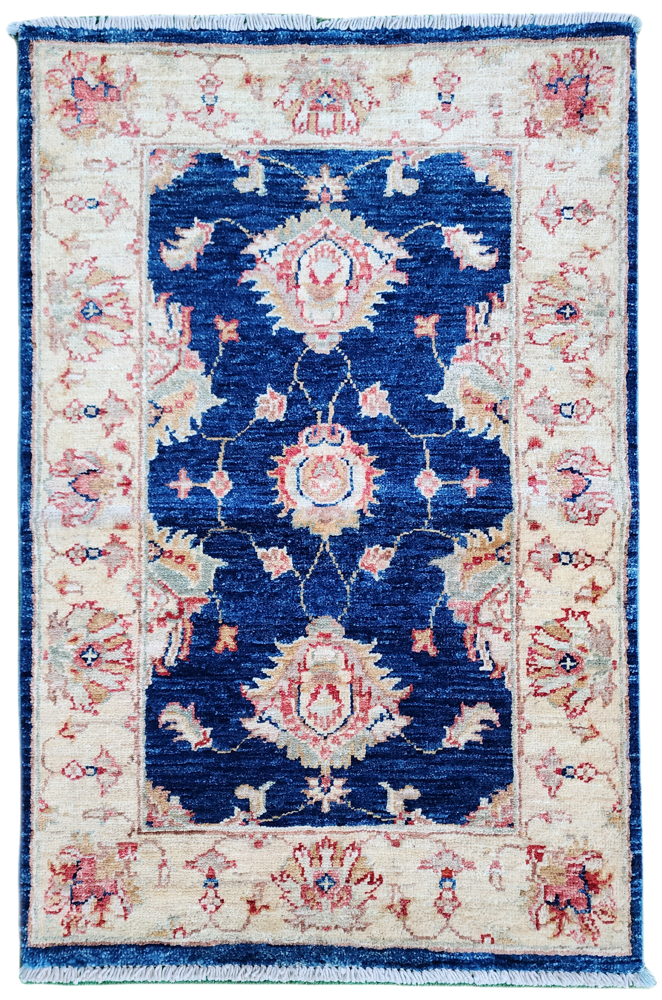 Alfombra turca Oushak beige y azul de 3 x 2 pulgadas
