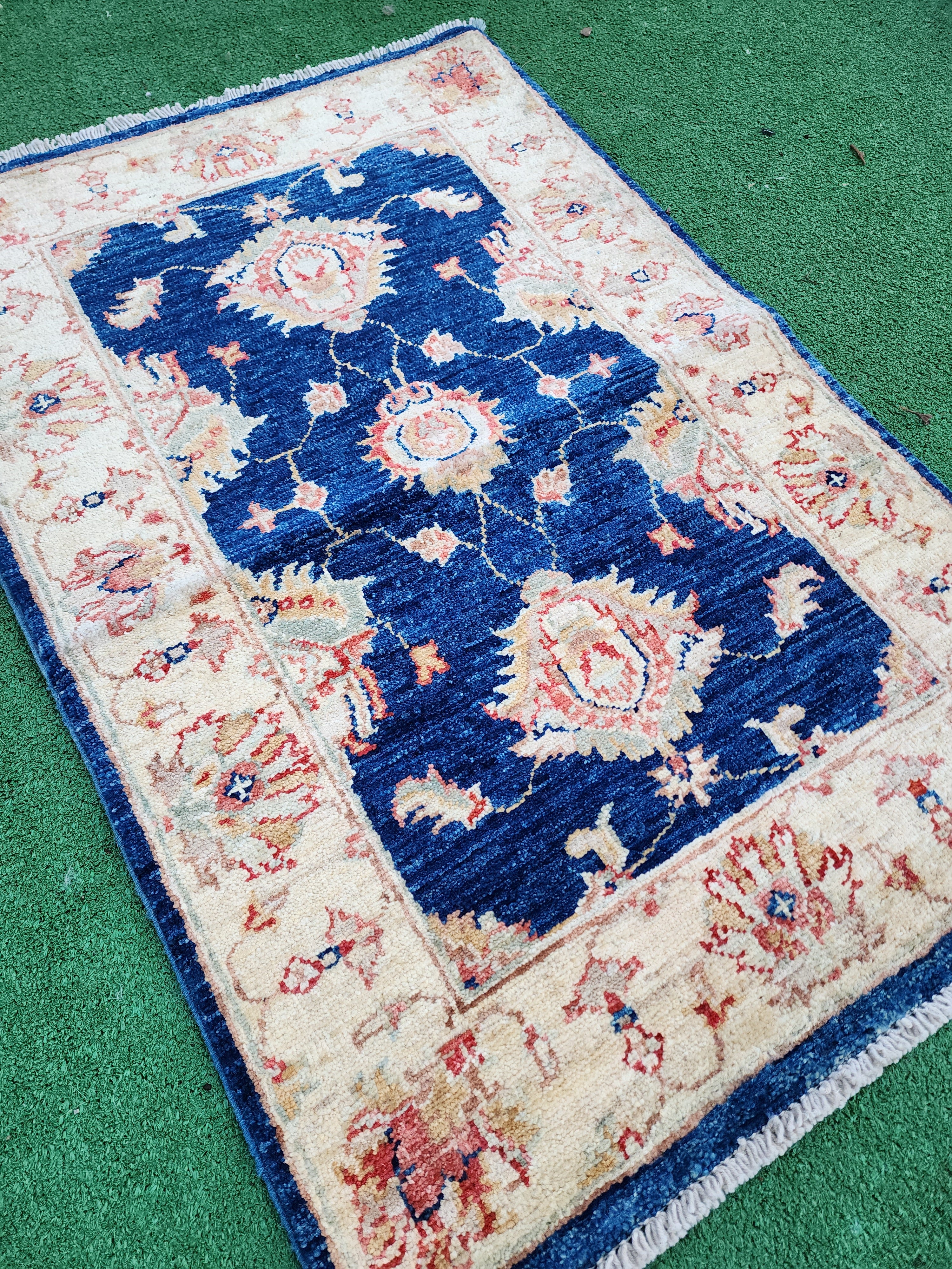 Tapis turc Oushak beige et bleu ''3''x''2''