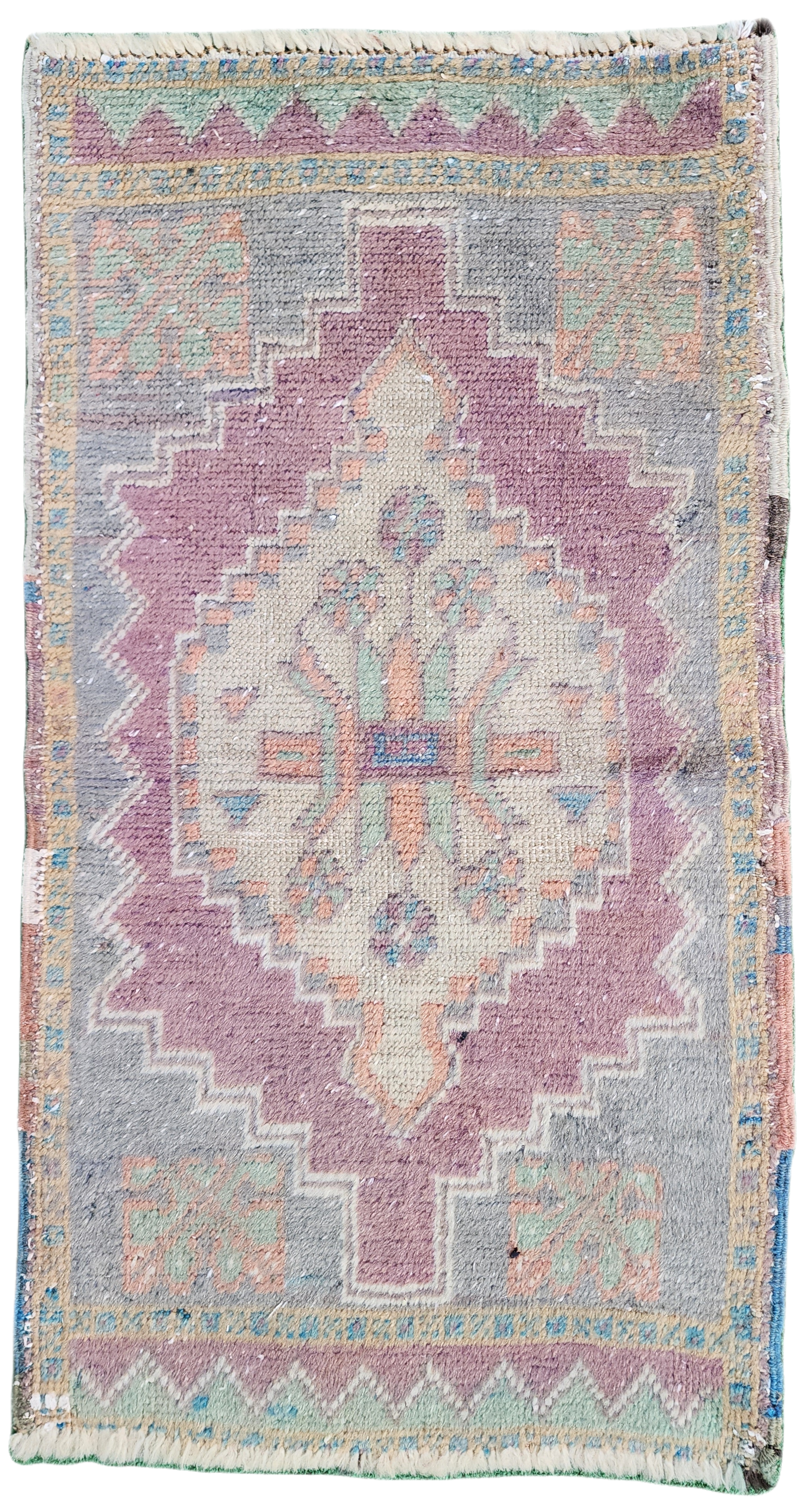 VintageTurkish Rug 3 ft 1 in x 2 ft, Faded Distressed Pastel Wash Mat