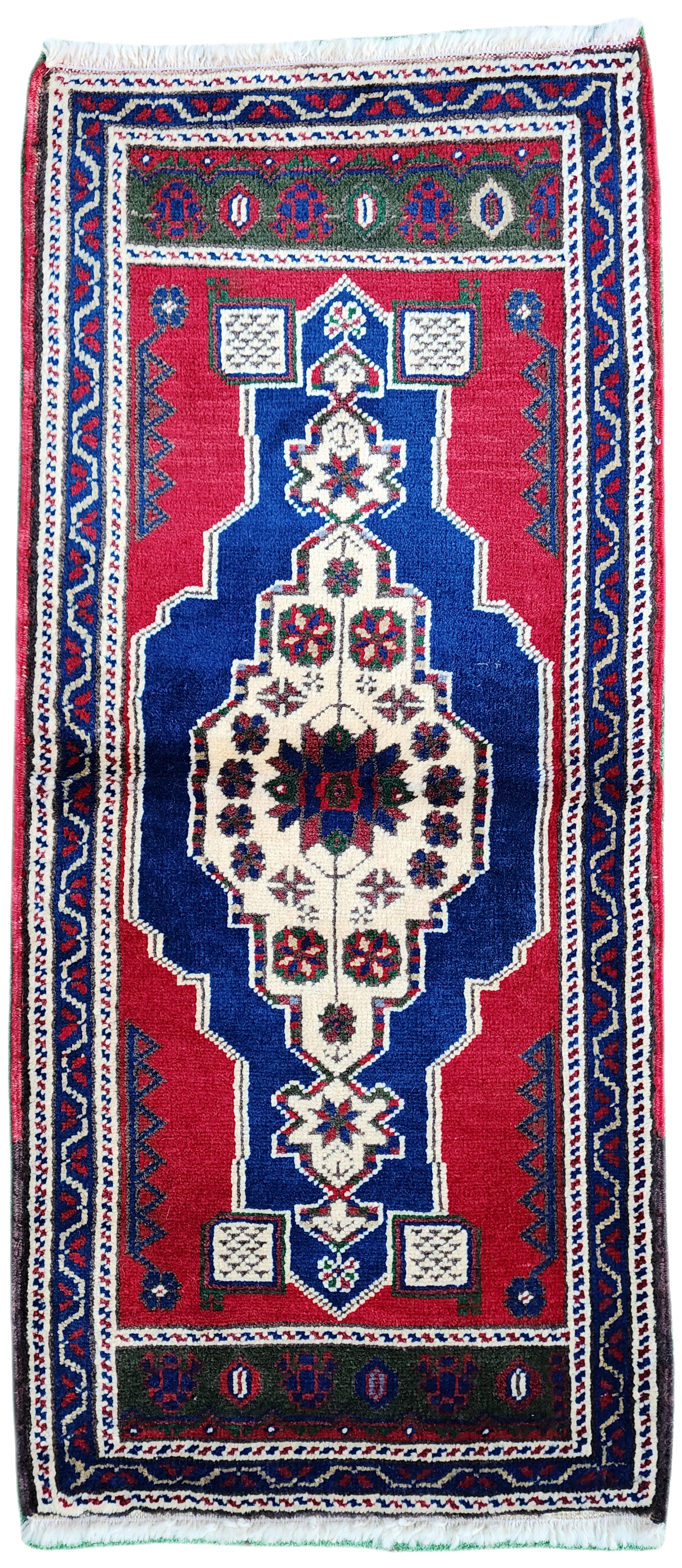 Alfombra turca pequeña vintage, 3 pies 7 pulgadas x 1 pie 7 pulgadas, alfombra de estilo antiguo desgastada, descolorida, en rojo, azul y beige