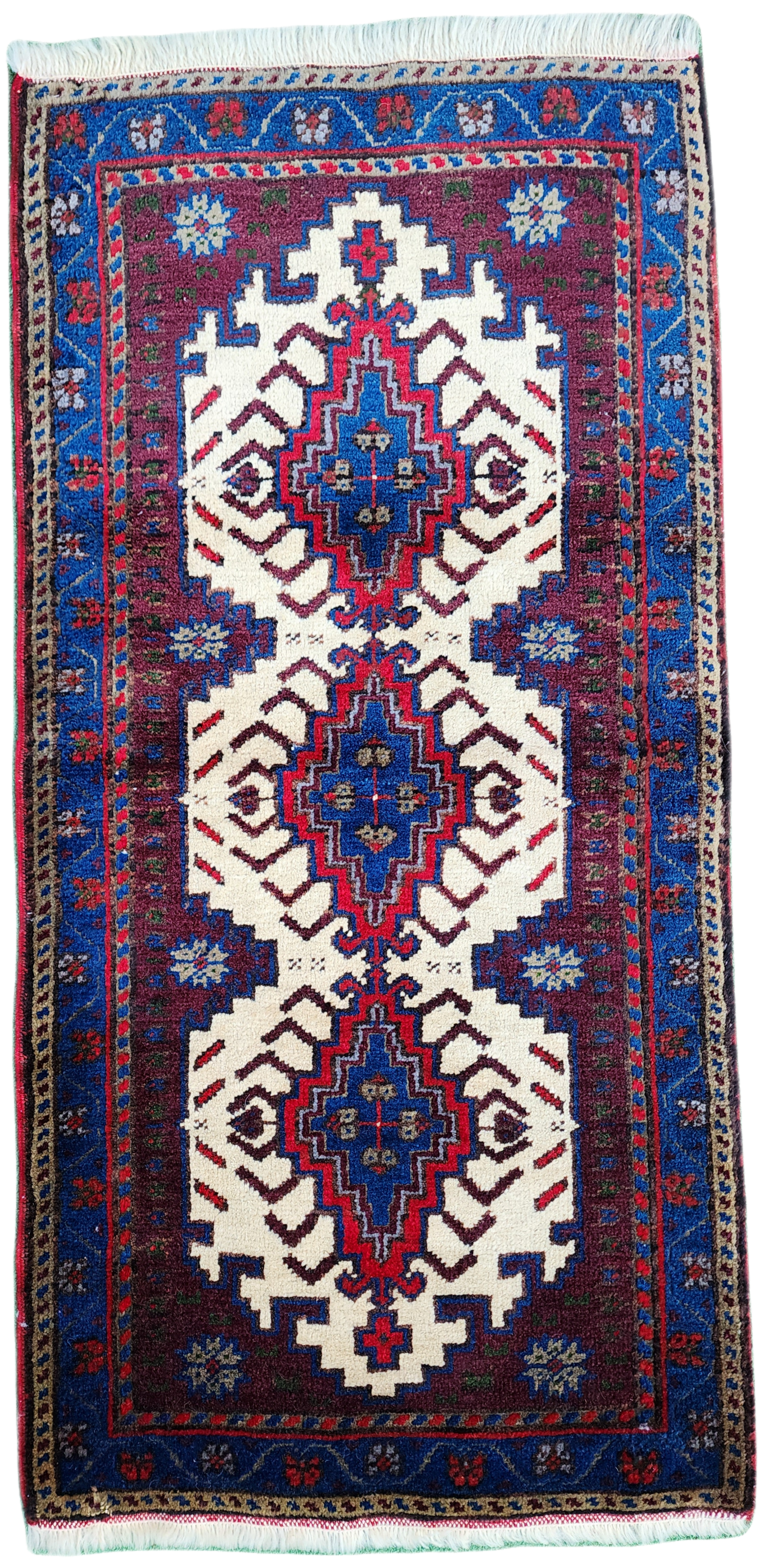 Alfombra turca pequeña de color rojo y azul, 3 pies 4 pulgadas x 1 pie 7 pulgadas, alfombra vintage para entrada, cocina, pasillo o dormitorio, decoración rústica persa oriental bohemia