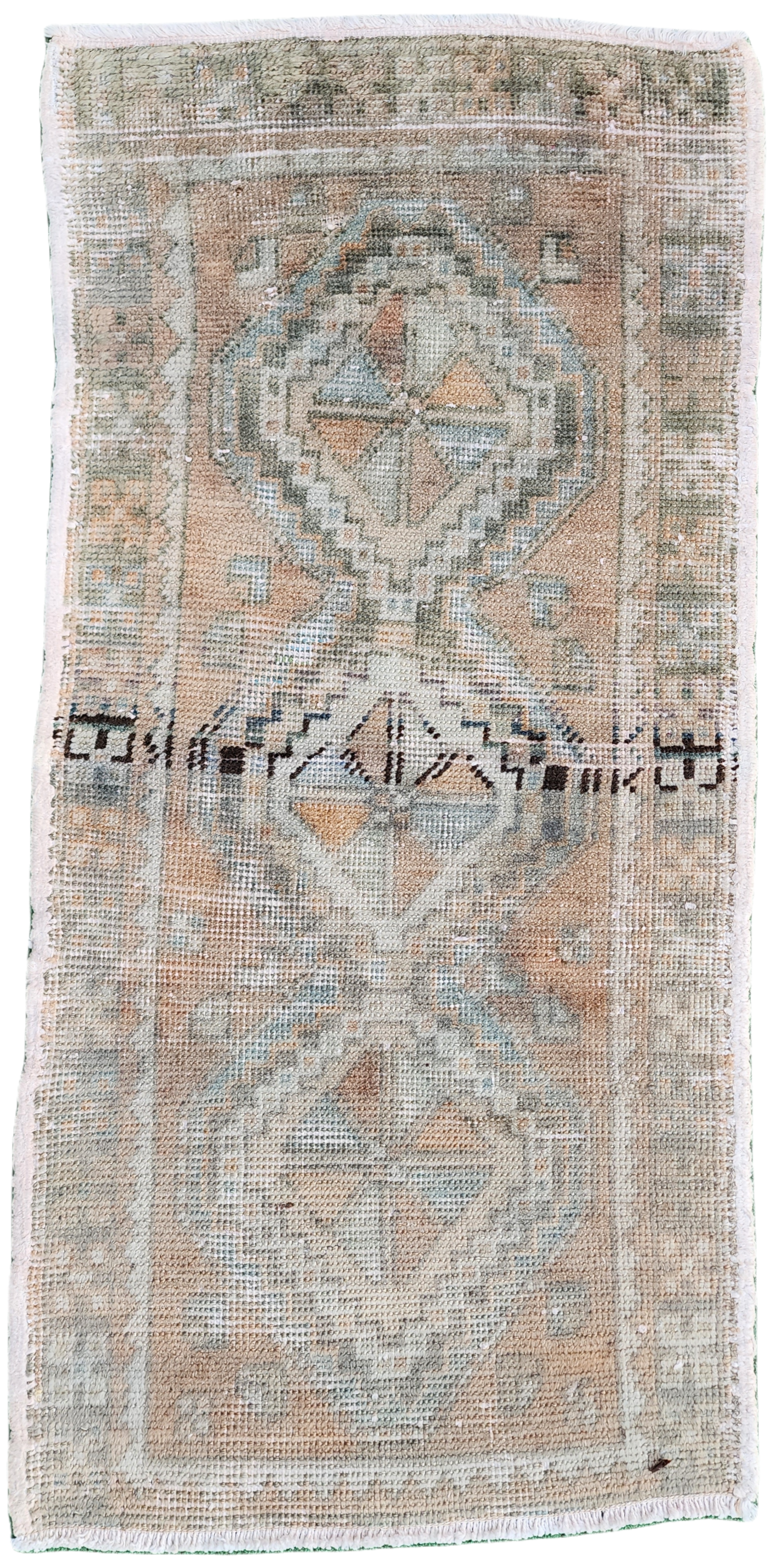 Tapis turc vintage de petite taille, 90 x 40 cm, rose, gris et beige, style antique délavé
