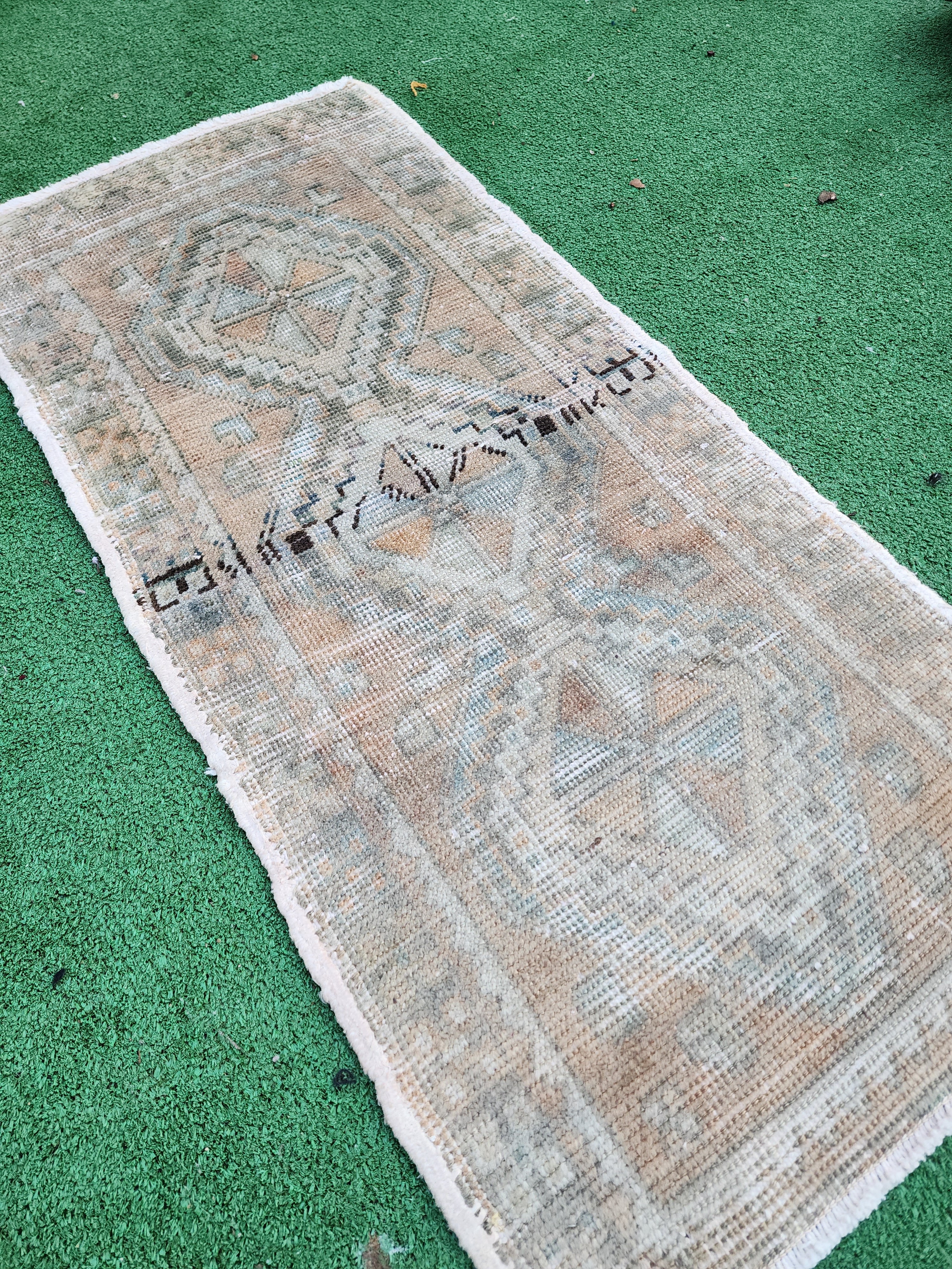Vintage Turkish Small Rug, 3 ft 1 in x 1 ft 5 in, Pink, Grey and Beige Faded Distressed Antique Style Mat