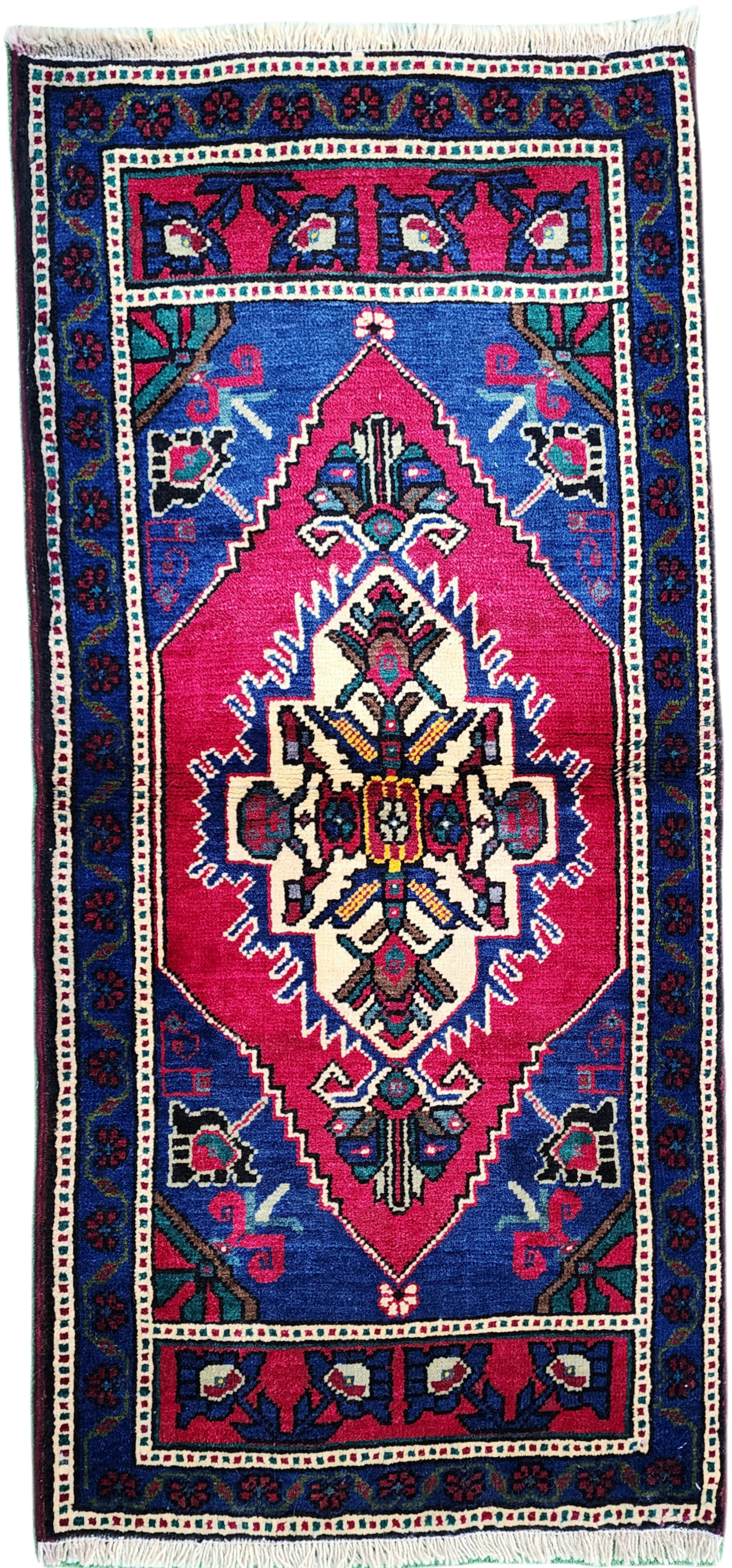 Alfombra turca pequeña roja y azul de 3 pies 7 pulgadas x 1 pie 7 pulgadas Alfombra vintage para cocina, pasillo o mesita de noche