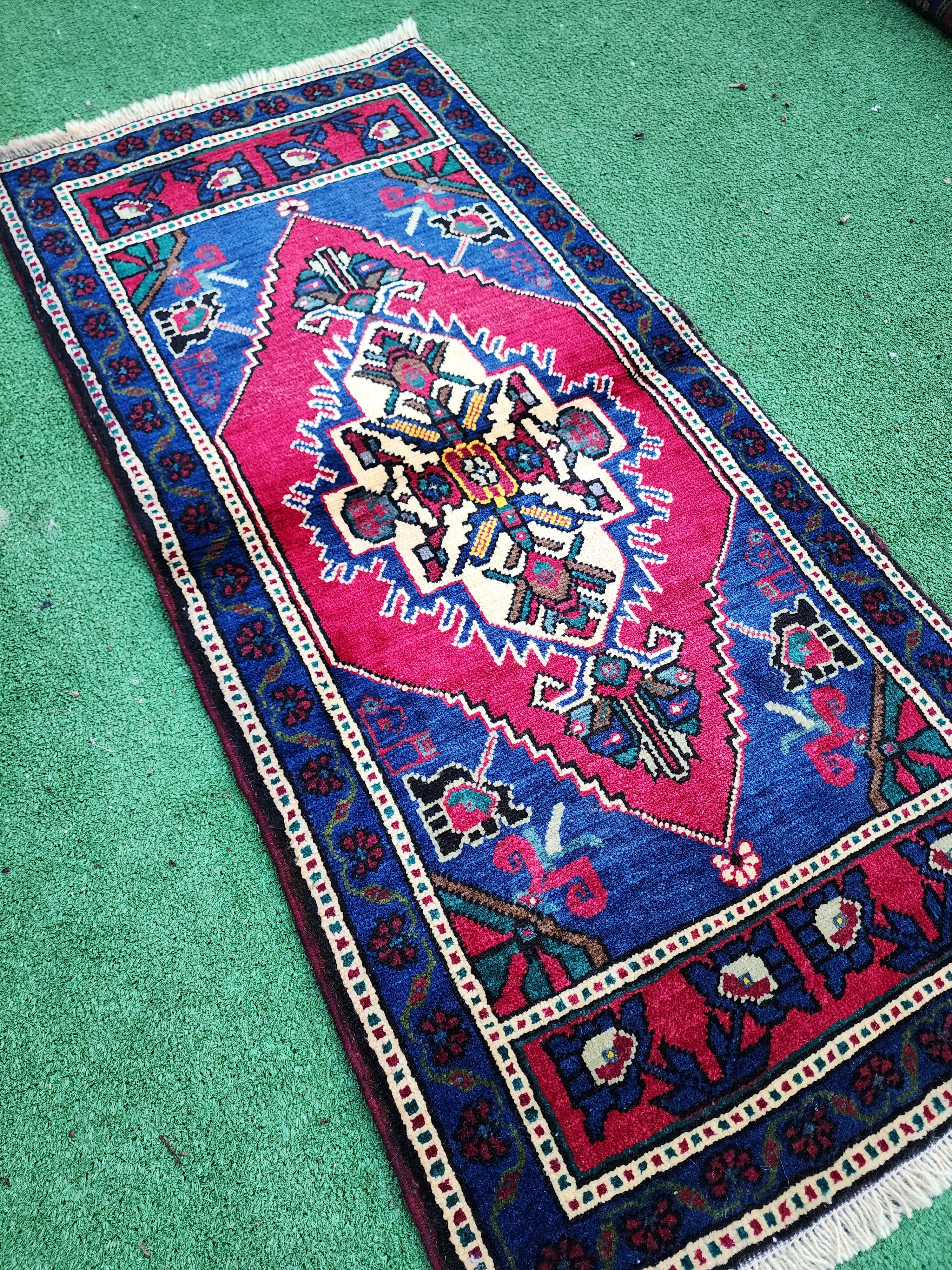 Red and Blue Small Turkish Rug 3 ft 7 in x 1 ft 7 in Vintage Rug for Kitchen, Hallway or Bedside Rug