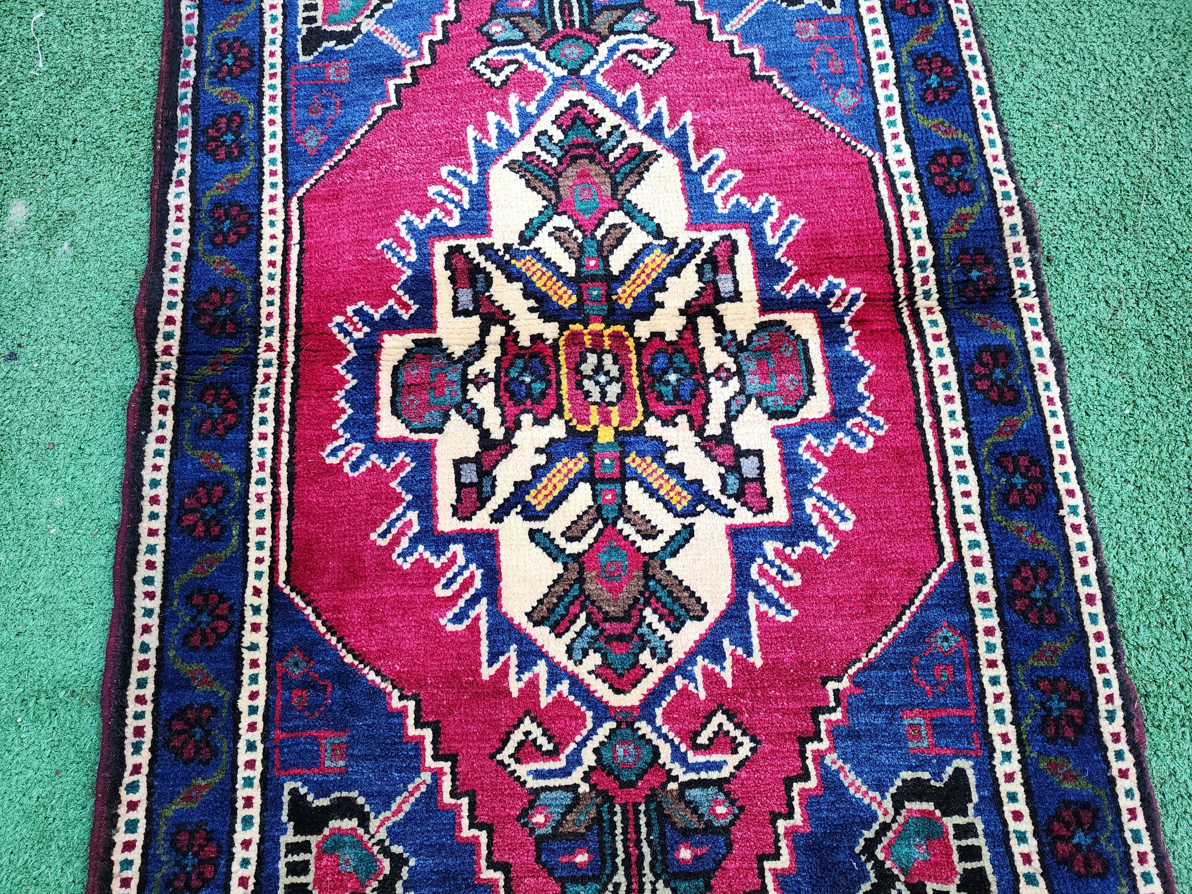 Red and Blue Small Turkish Rug 3 ft 7 in x 1 ft 7 in Vintage Rug for Kitchen, Hallway or Bedside Rug