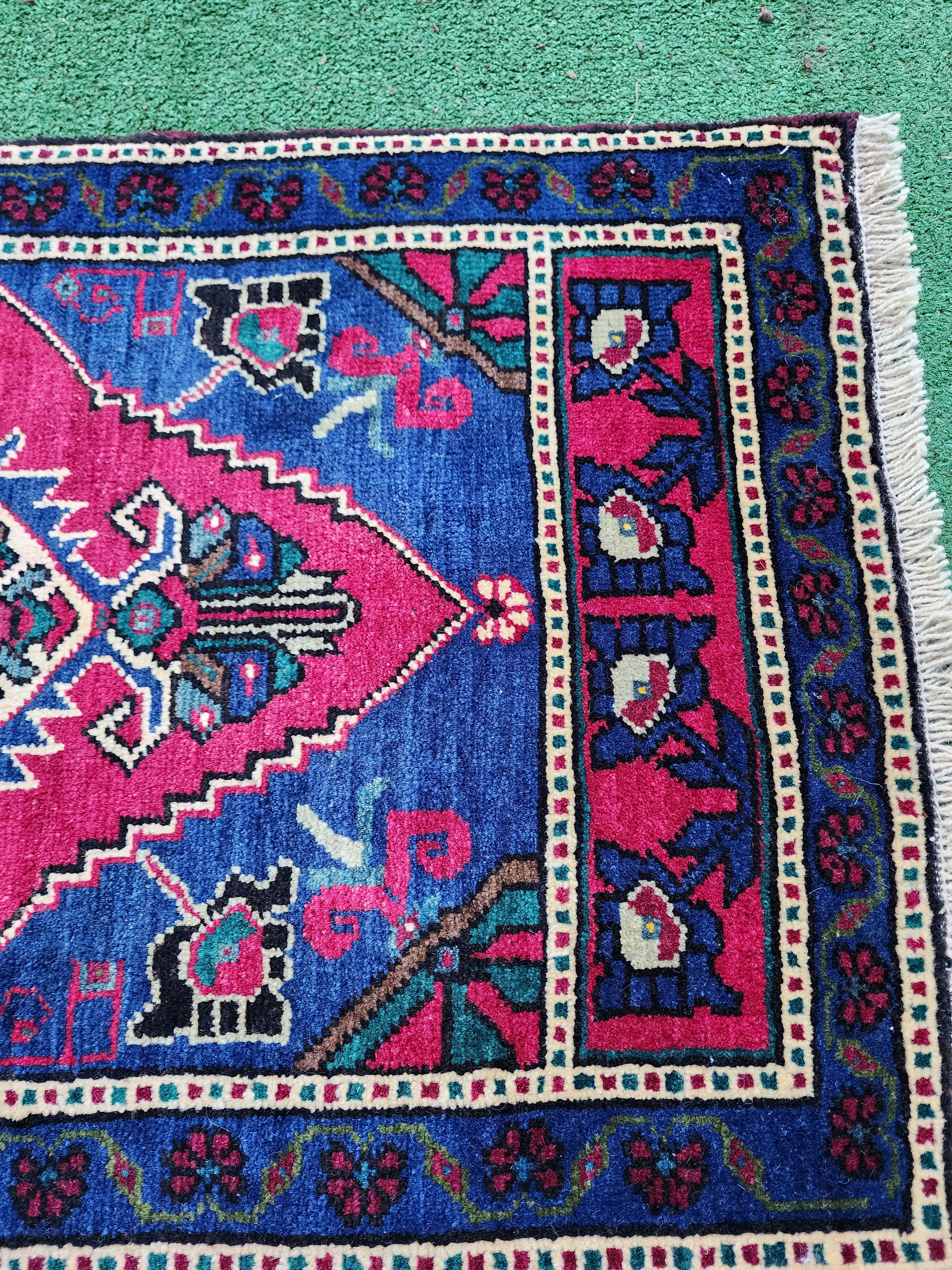 Red and Blue Small Turkish Rug 3 ft 7 in x 1 ft 7 in Vintage Rug for Kitchen, Hallway or Bedside Rug