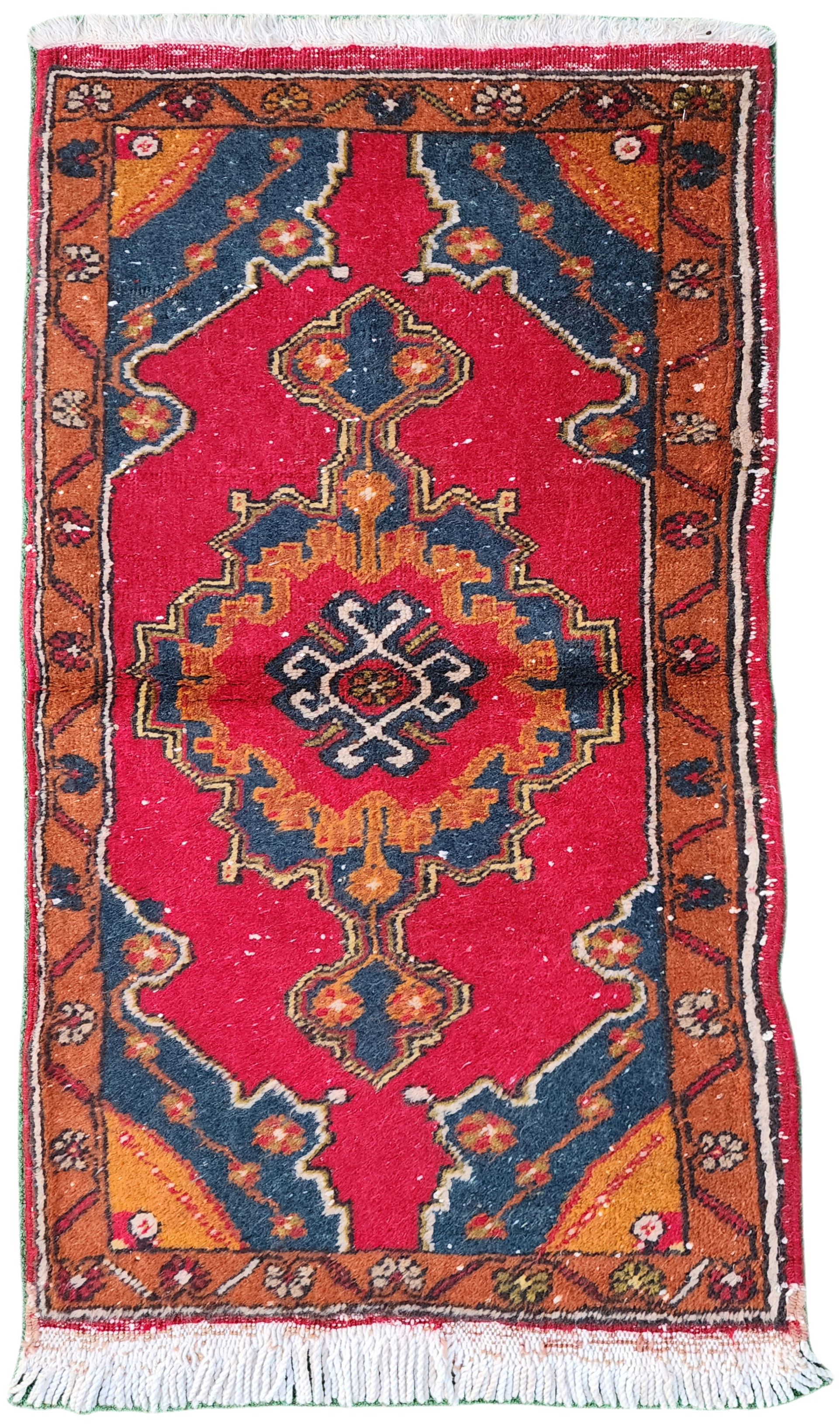 Alfombra turca roja, azul y naranja de 2'8'' x 1'6''