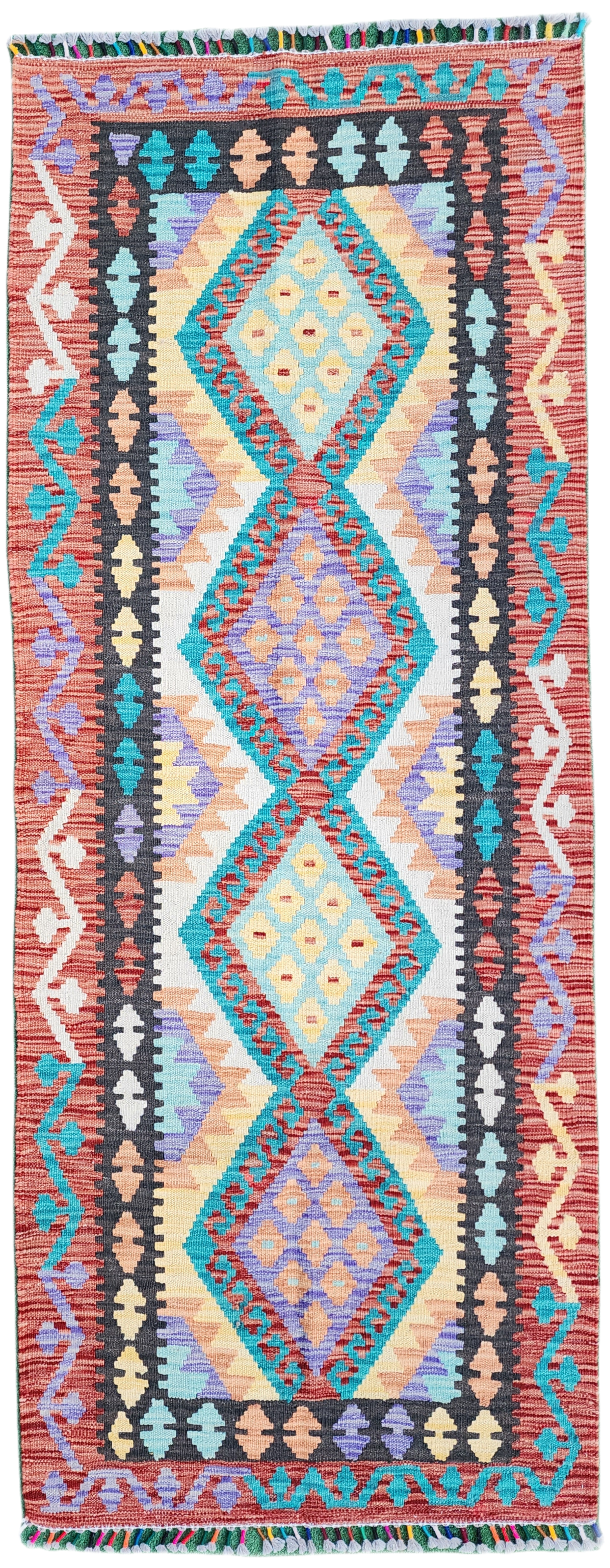 Purple Green Orange Kilim, Hallway Runner Rug 6'6"x2'7"