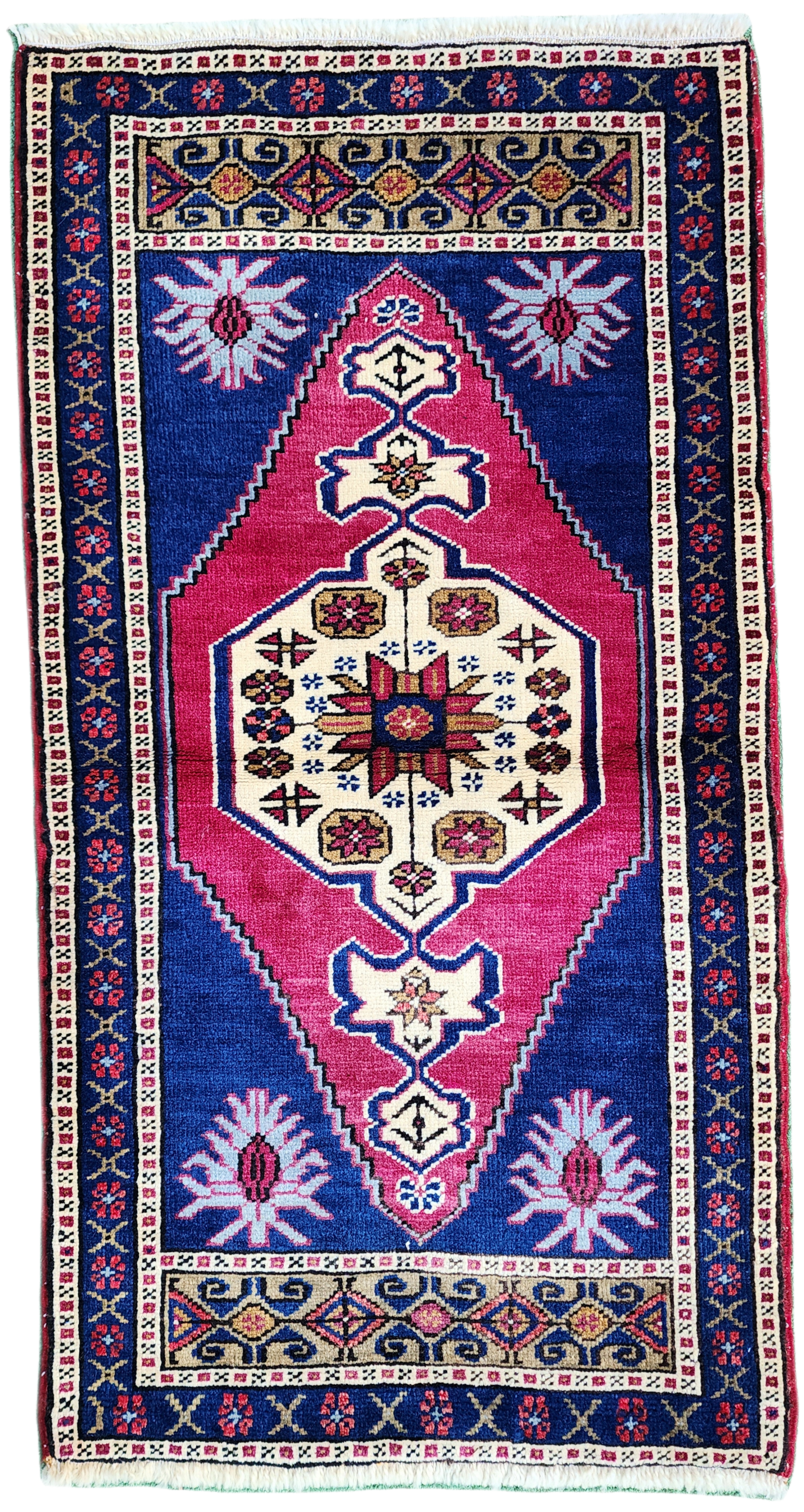 Alfombra turca pequeña roja y azul de 3 pies 4 pulgadas x 1 pie 9 pulgadas Alfombra vintage para cocina, pasillo o mesita de noche