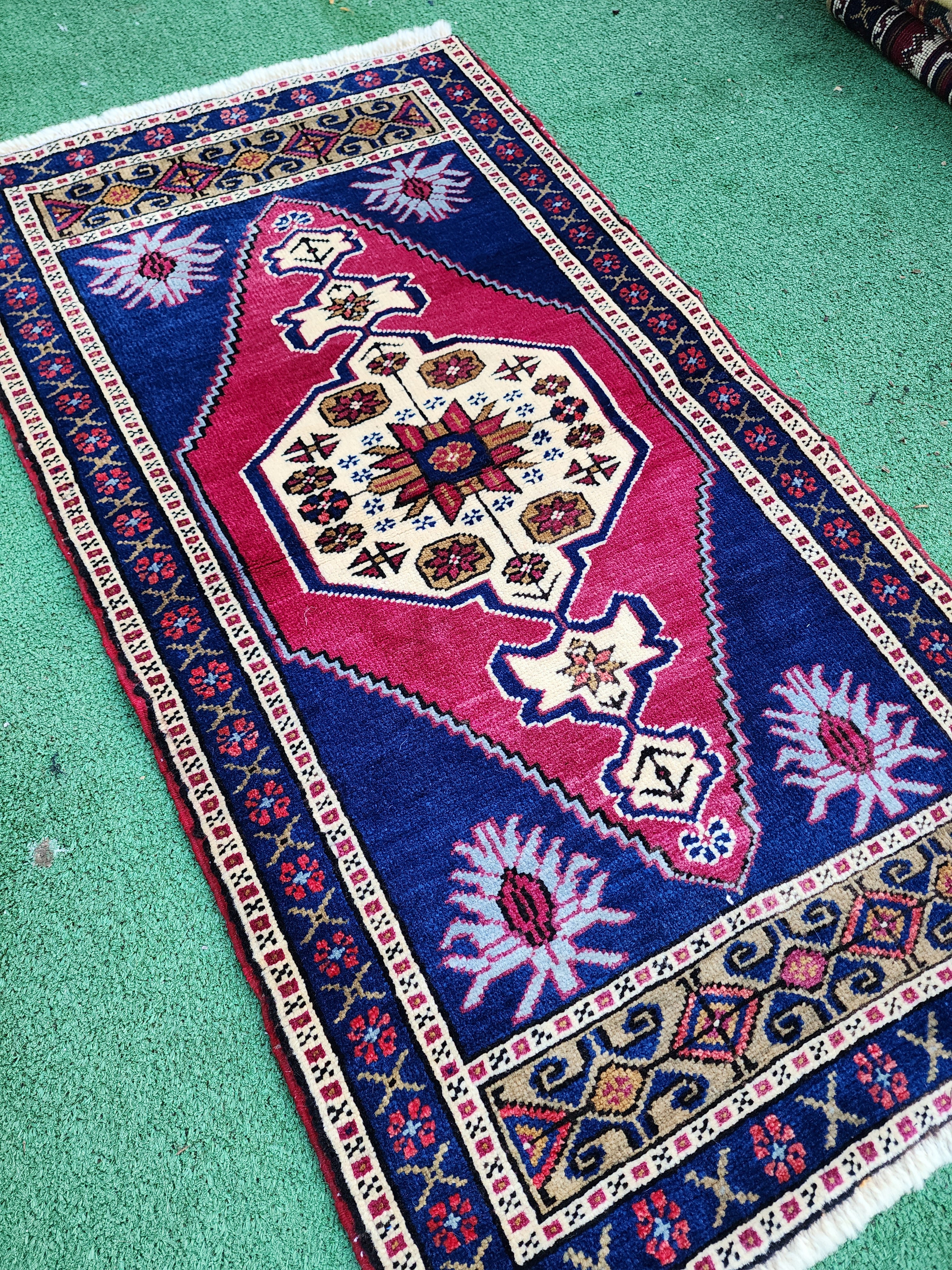 Red and Blue Small Turkish Rug 3 ft 4 in x 1 ft 9 in Vintage Rug for Kitchen, Hallway or Bedside Rug