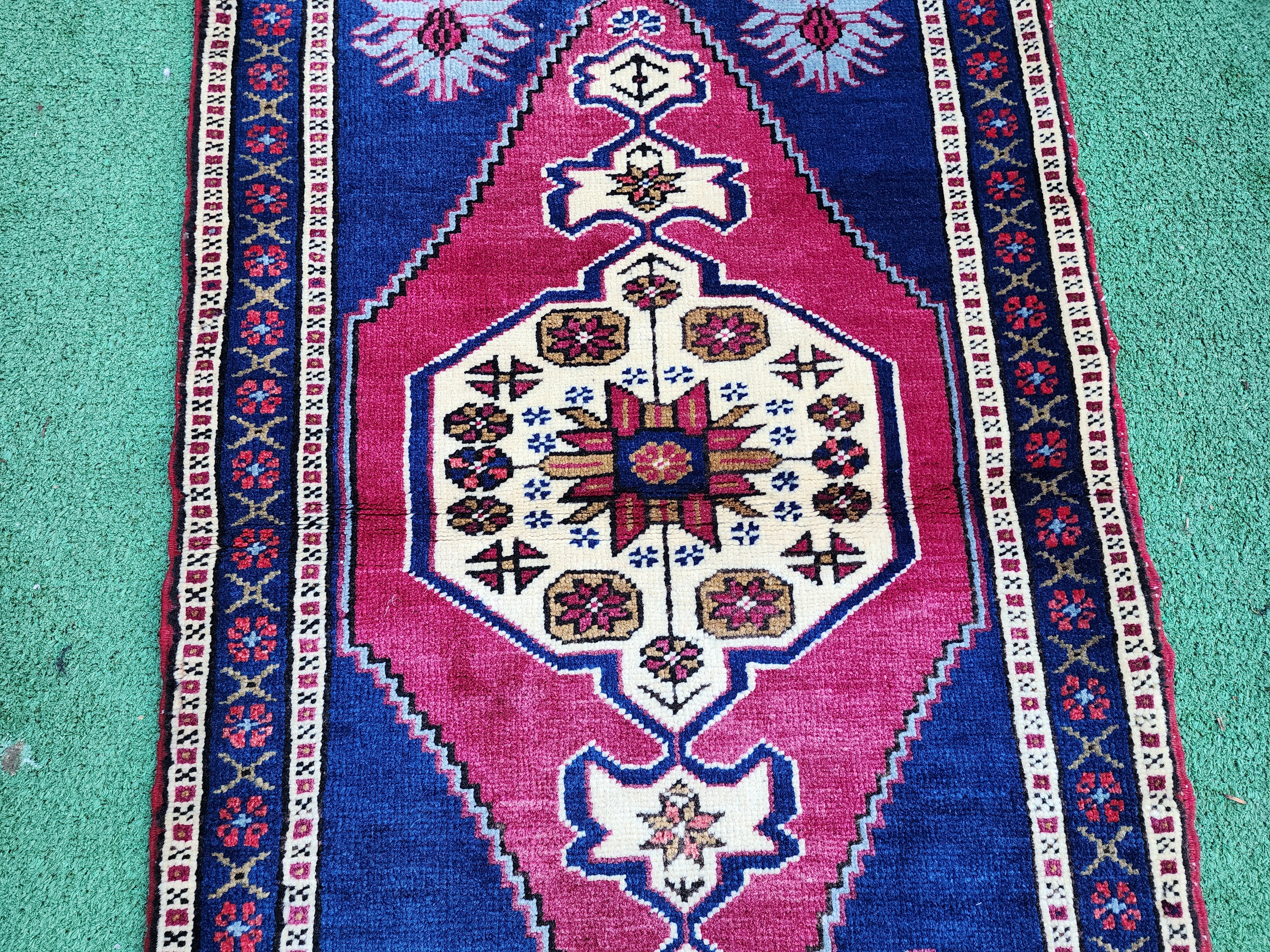 Red and Blue Small Turkish Rug 3 ft 4 in x 1 ft 9 in Vintage Rug for Kitchen, Hallway or Bedside Rug