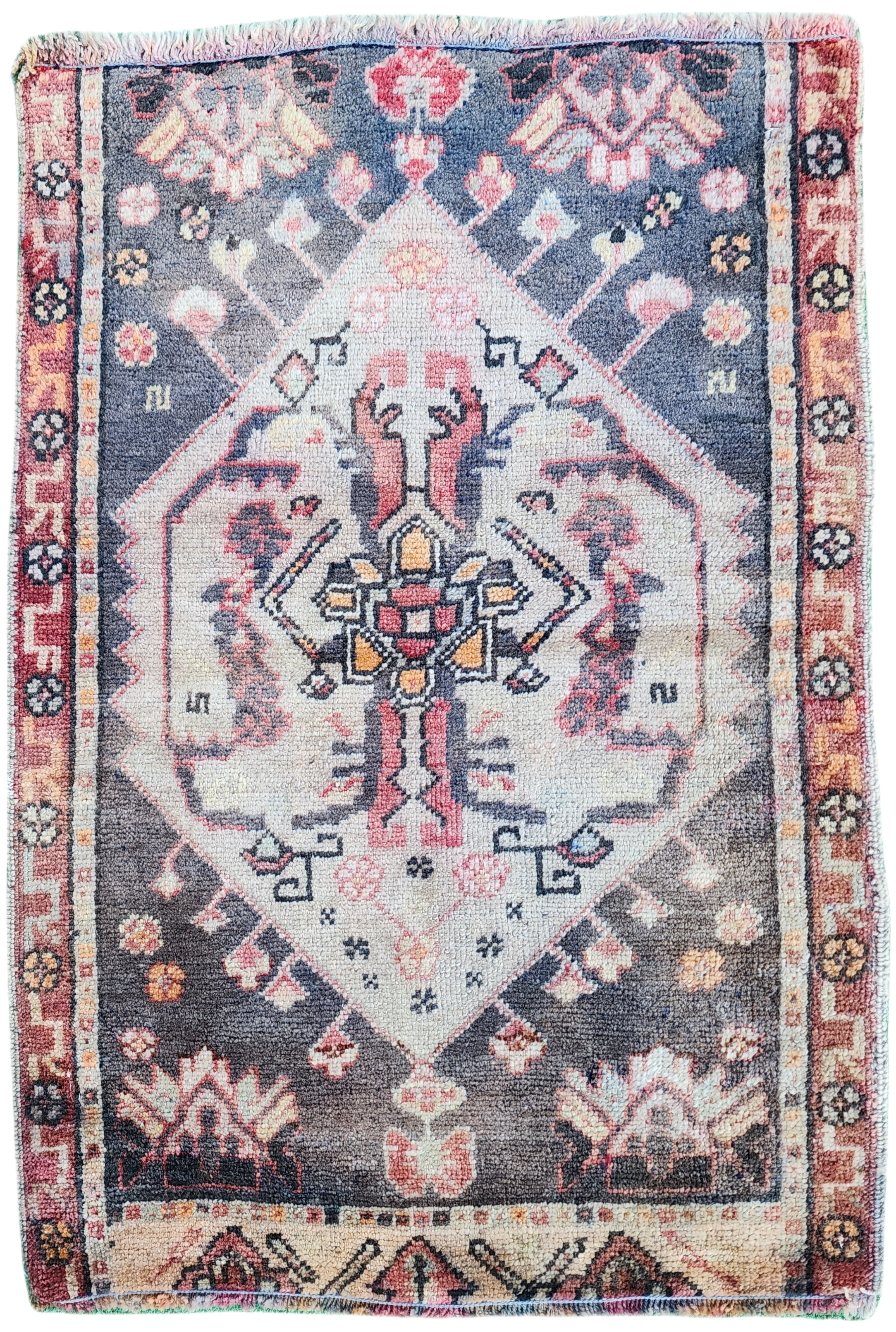 Vintage Turkish Small Rug, 2 ft 1 in x 2 ft, Pink, Green/Grey and Beige Faded Distressed Antique Style Mat