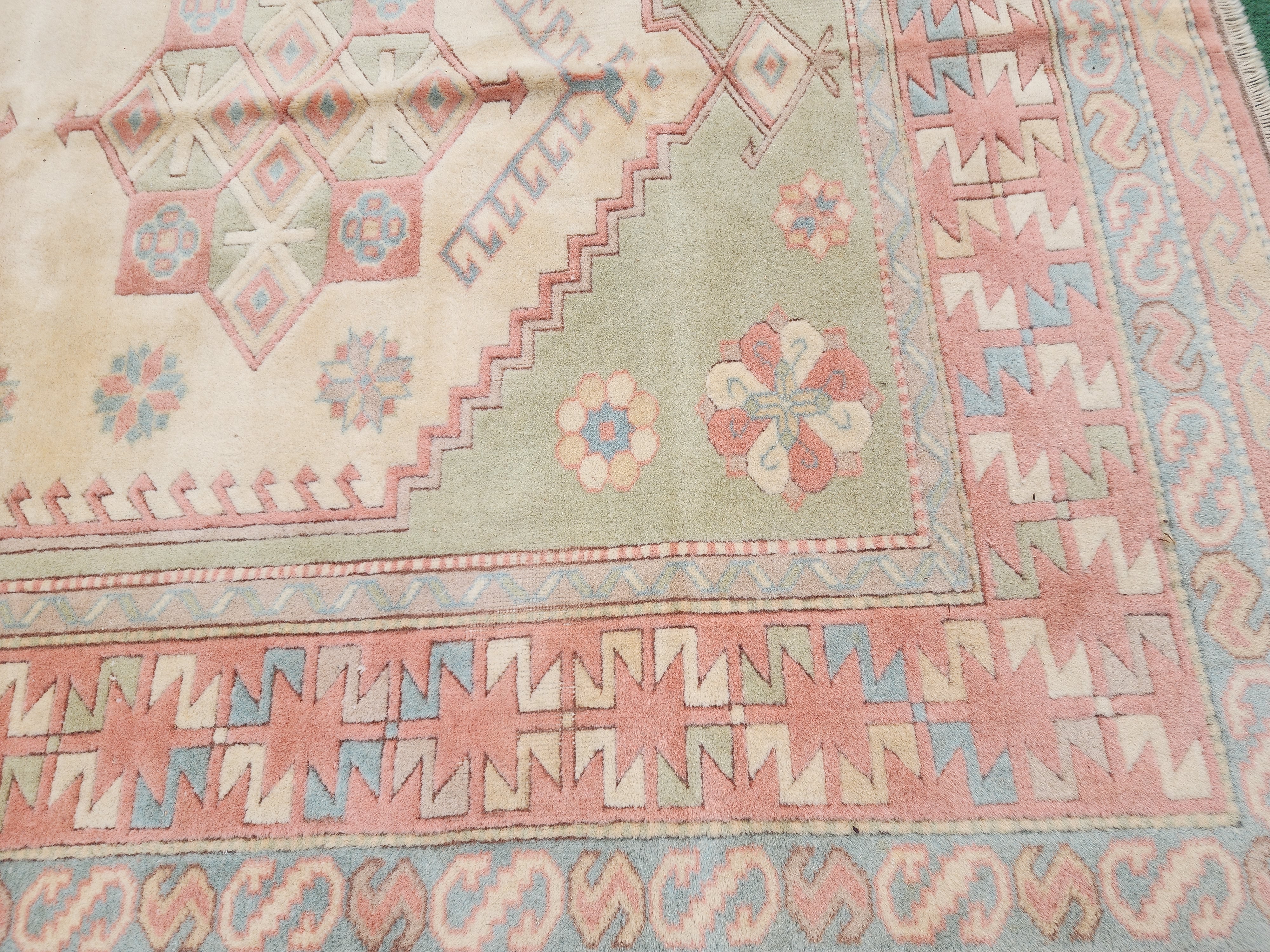 Pink and Green Turkish Rug 7 x 5 ft Vintage Muted Pastel Turkish Rug