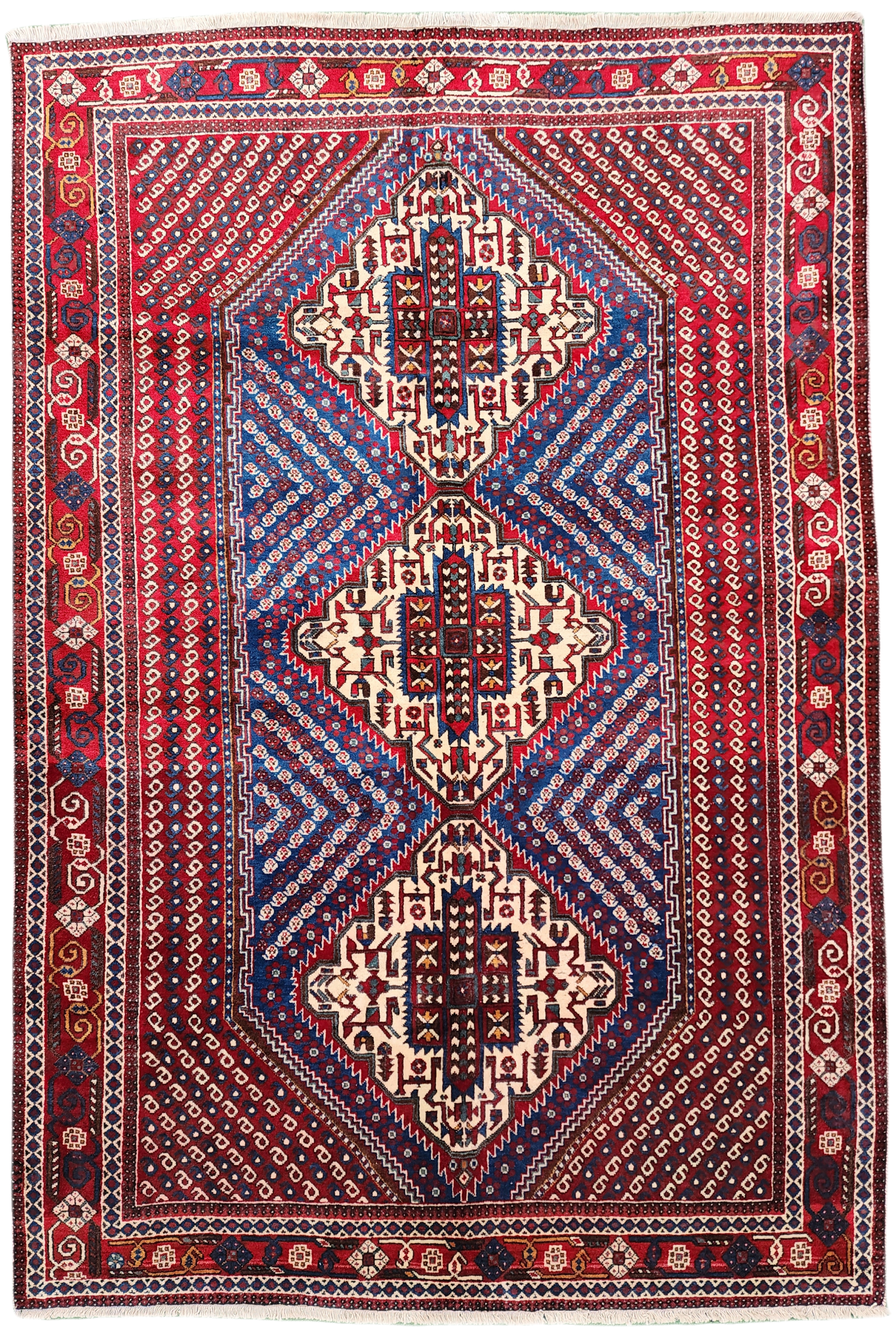 Vintage Persian Rug 7 x 5 ft Blue Red Beige Geometric Medallion Persian Rug