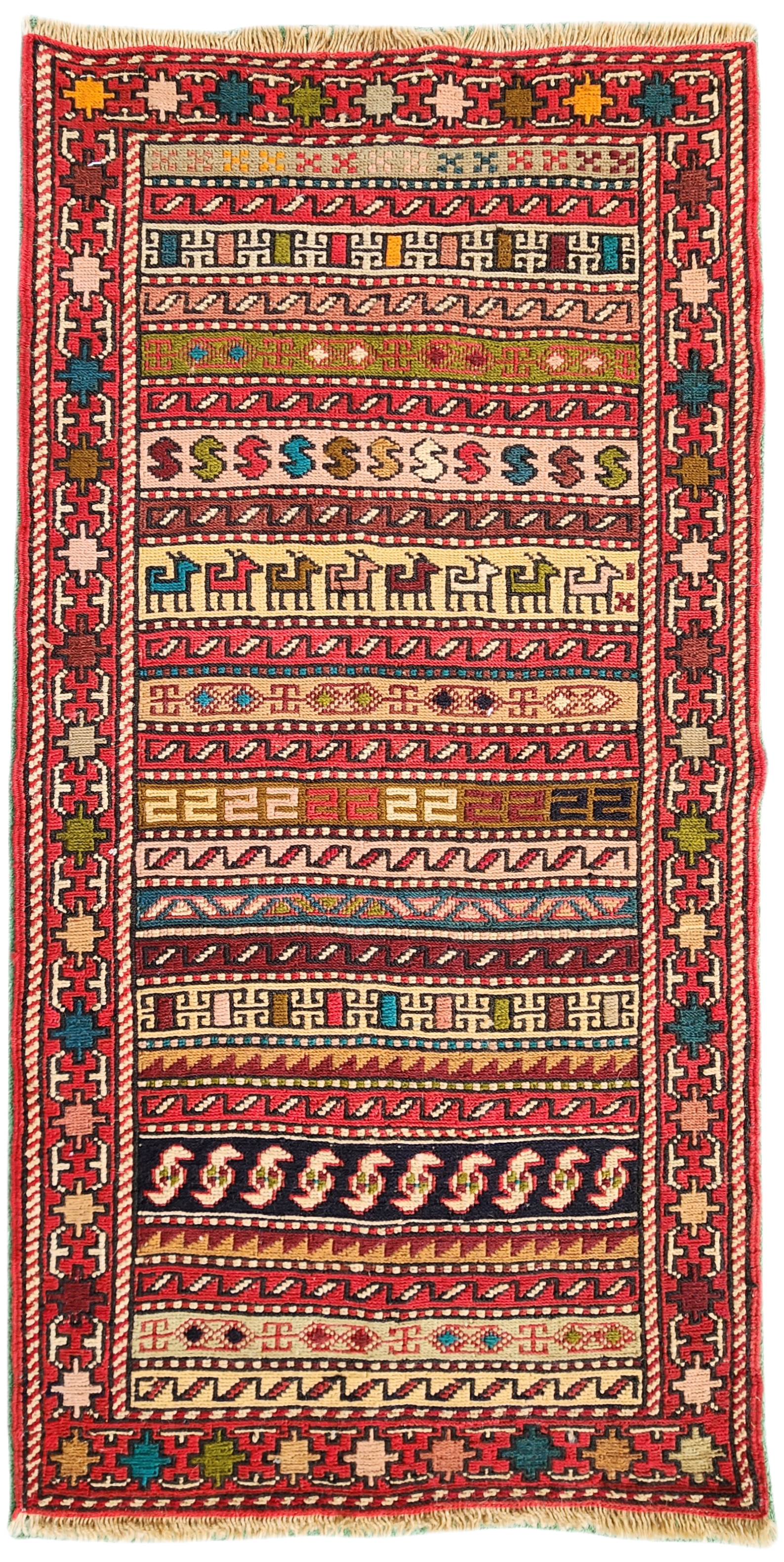 Kilim kurdo hecho a mano de colores rojo, marrón y azul Rah Rah Soumak persa de 3'3'' x 1'7''