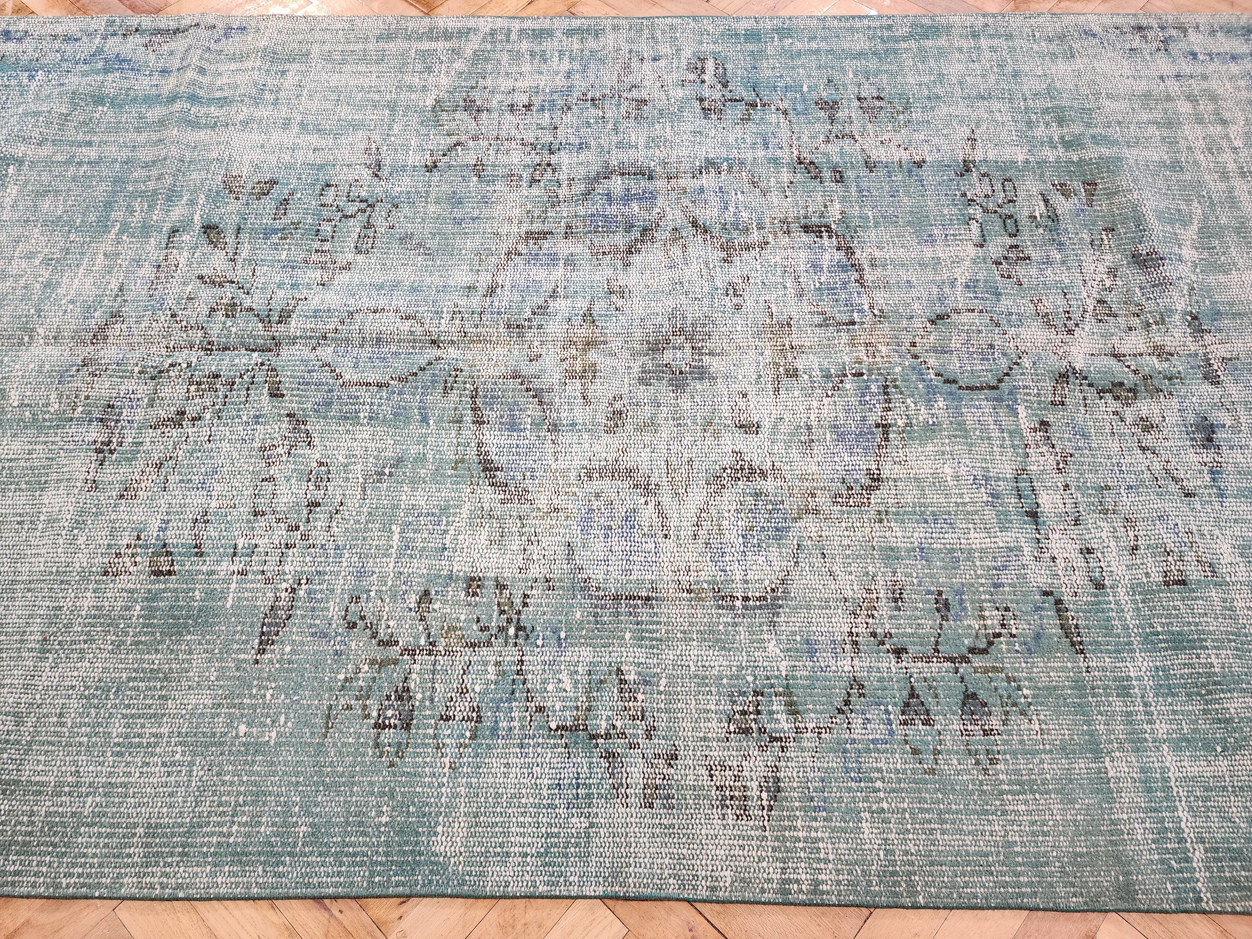 Tapis vintage surteint, tapis recyclé bleu turquoise pâle, tapis en laine fait main au design oriental bohème, tapis persan vieilli, 7'6"x3'9"