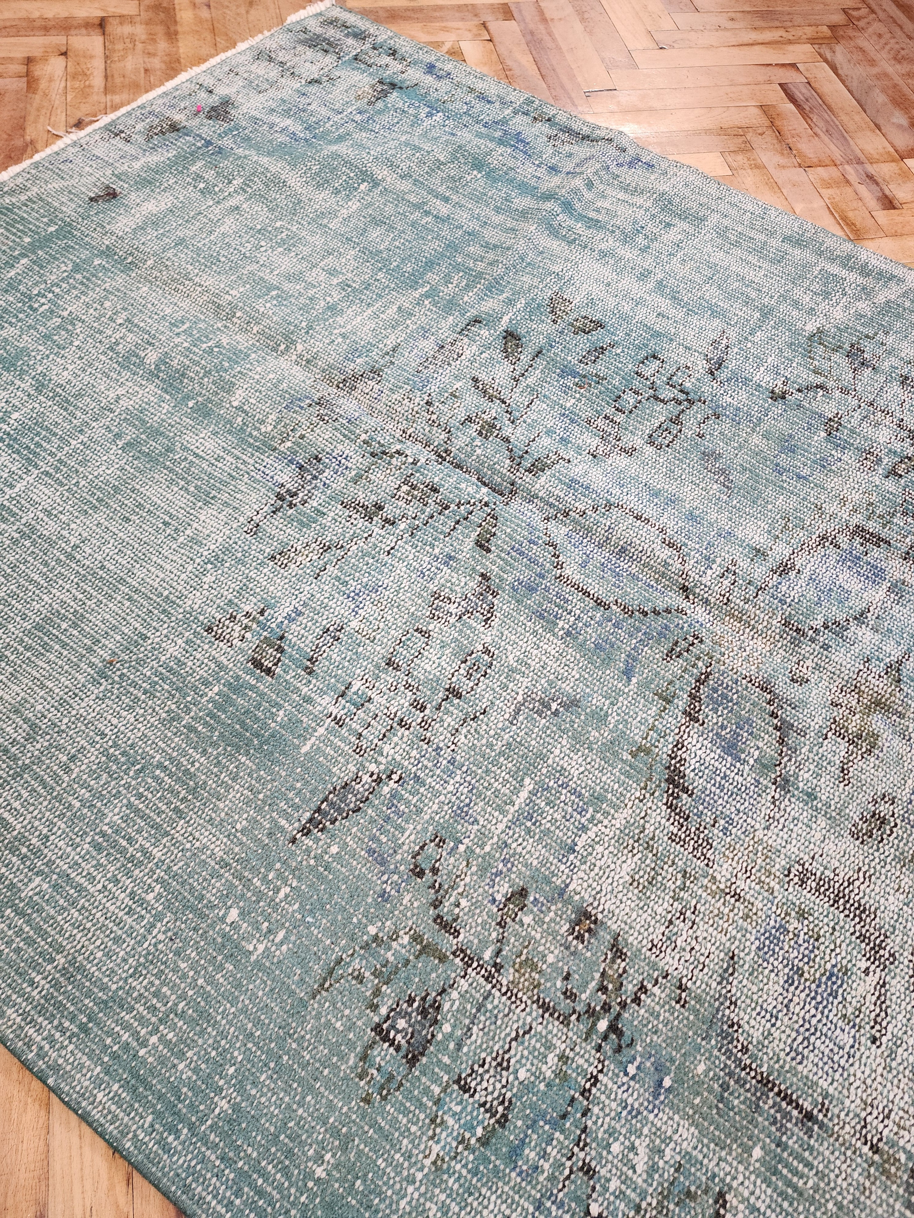 Tapis vintage surteint, tapis recyclé bleu turquoise pâle, tapis en laine fait main au design oriental bohème, tapis persan vieilli, 7'6"x3'9"