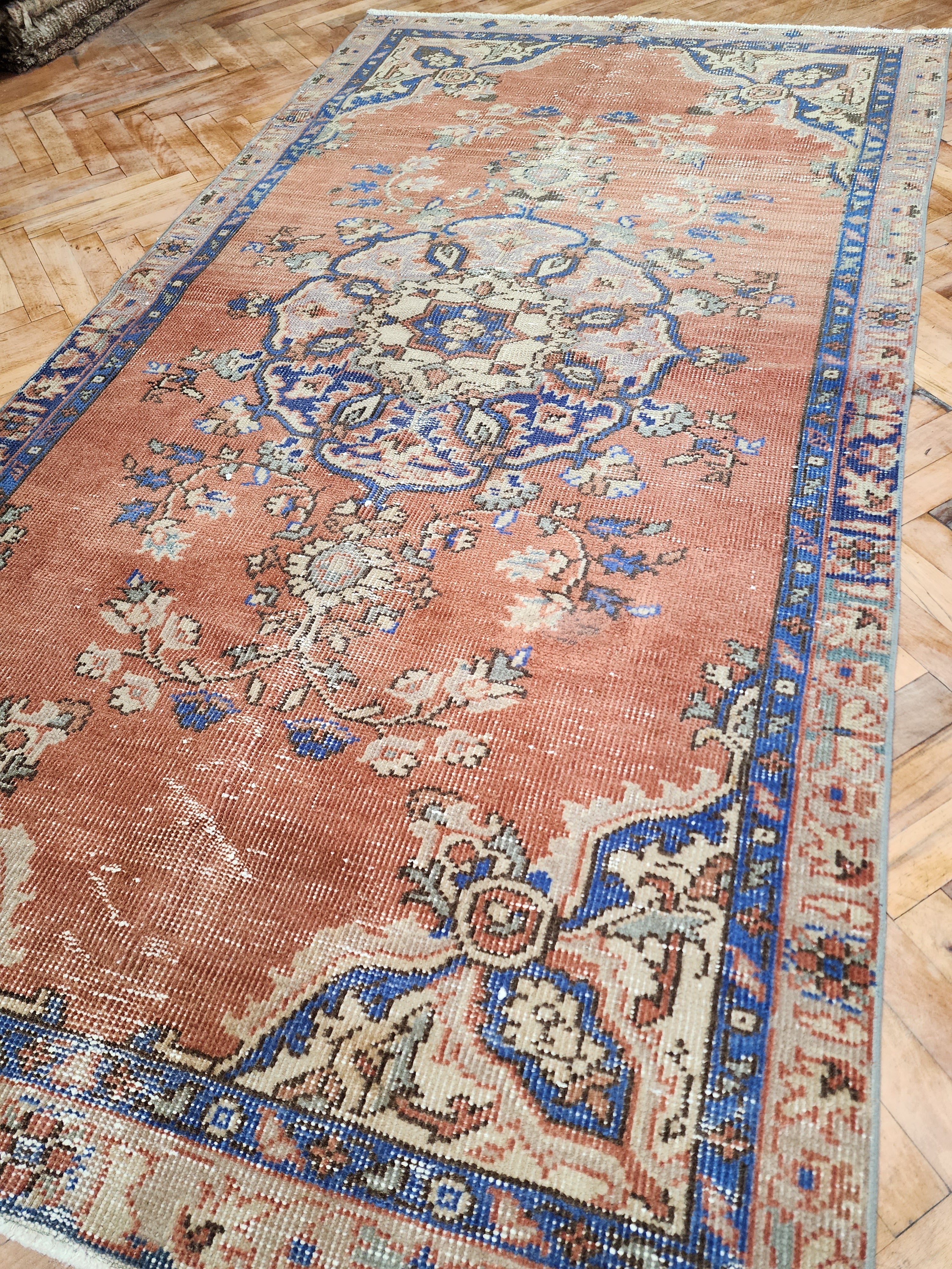 Pastel Turkish Rug 6 x 3 ft Vintage Distresed Pink Blue Oushak Rug, Handmade Natural Wool Pale Overdyed Rug, Boho Rustic Persian Area Rug