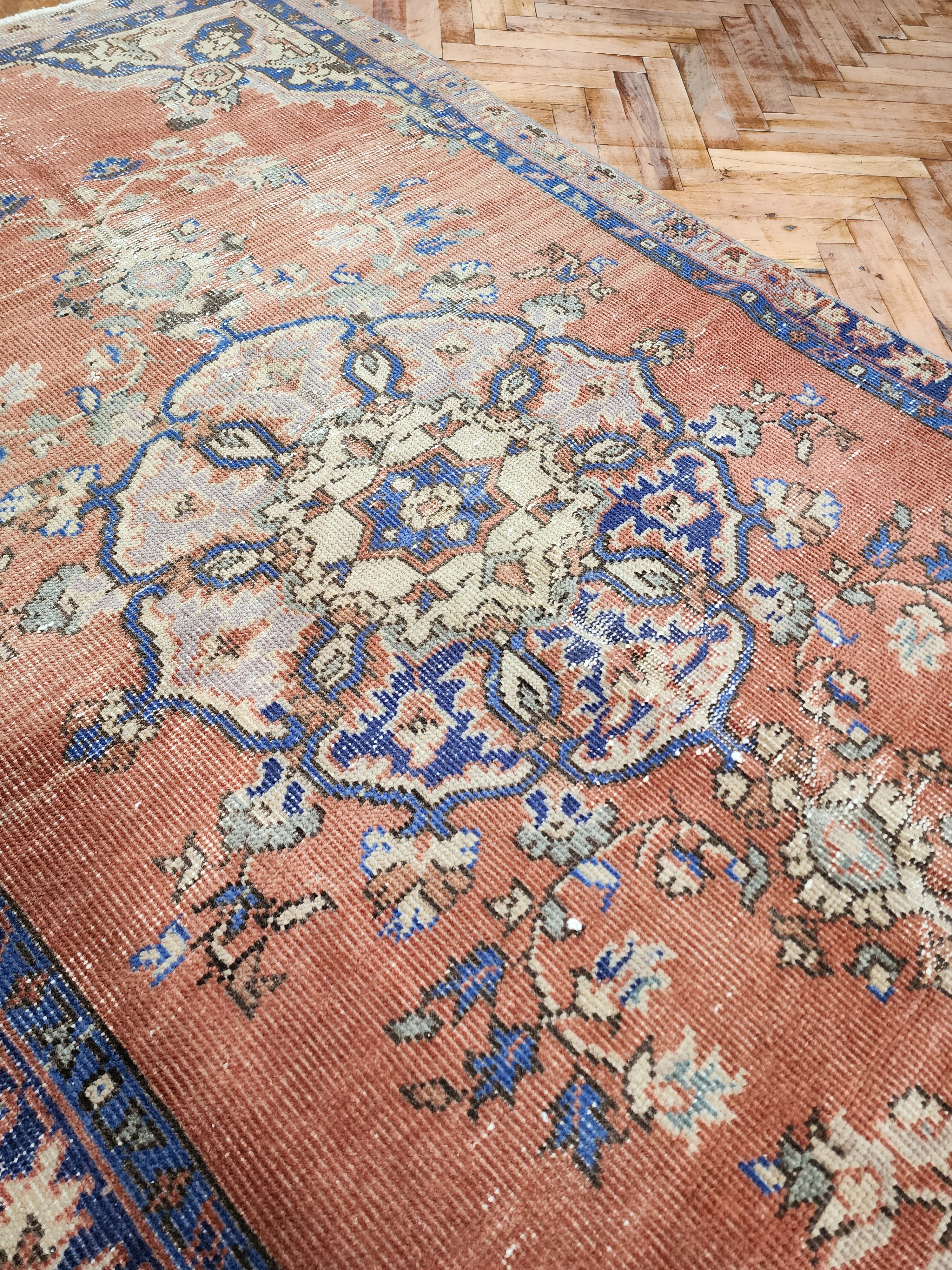 Pastel Turkish Rug 6 x 3 ft Vintage Distresed Pink Blue Oushak Rug, Handmade Natural Wool Pale Overdyed Rug, Boho Rustic Persian Area Rug