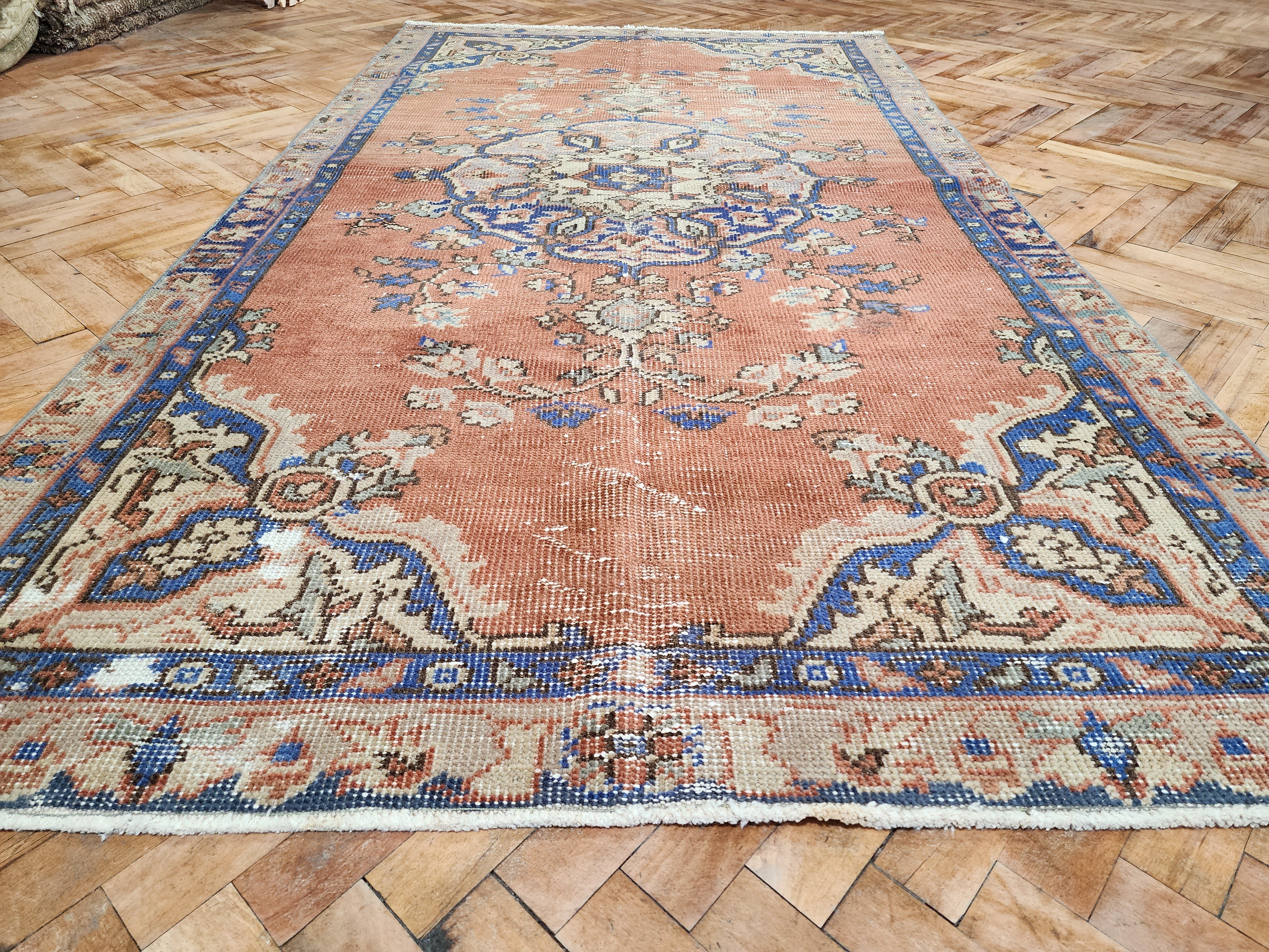 Pastel Turkish Rug 6 x 3 ft Vintage Distresed Pink Blue Oushak Rug, Handmade Natural Wool Pale Overdyed Rug, Boho Rustic Persian Area Rug