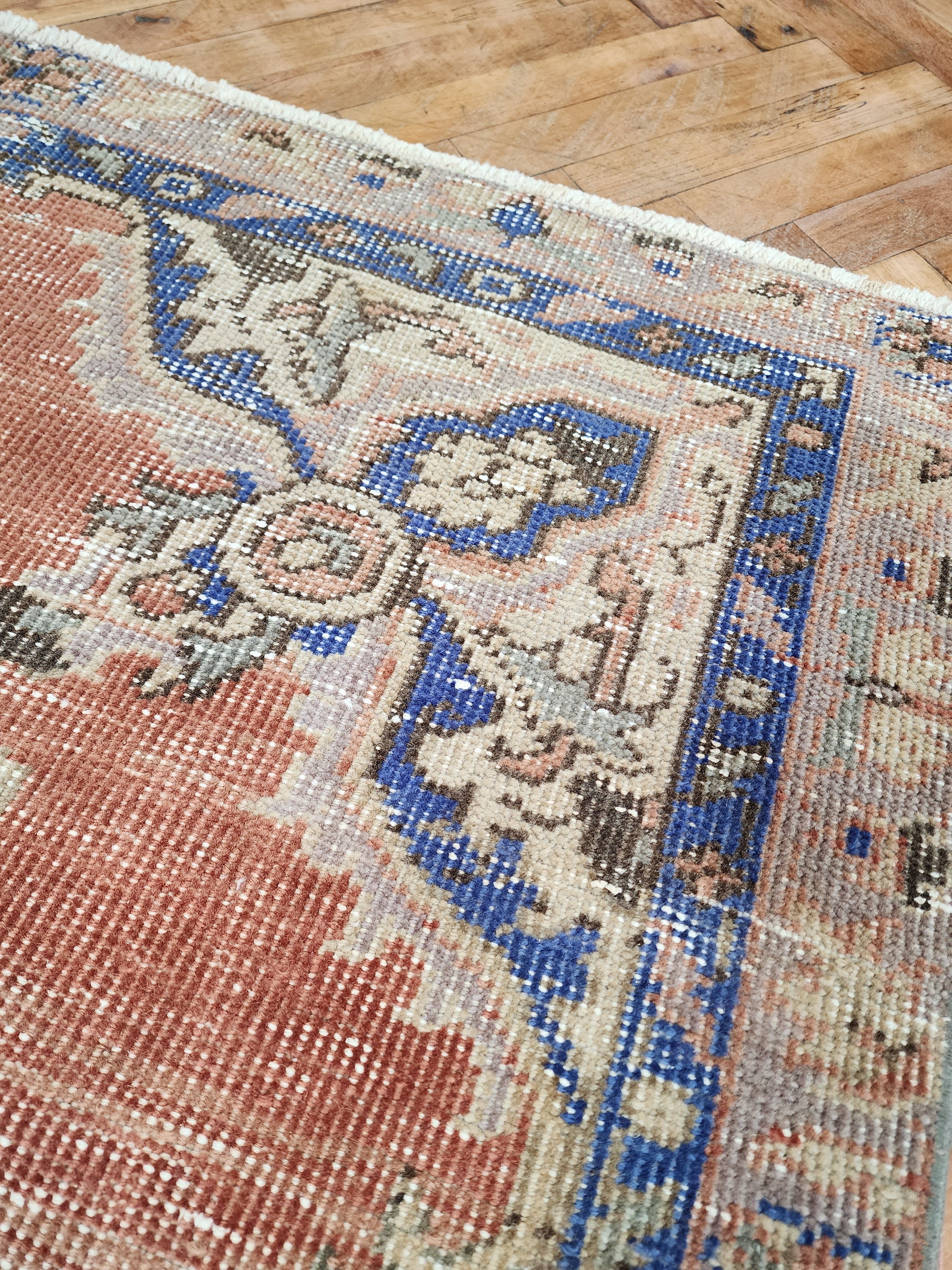 Pastel Turkish Rug 6 x 3 ft Vintage Distresed Pink Blue Oushak Rug, Handmade Natural Wool Pale Overdyed Rug, Boho Rustic Persian Area Rug